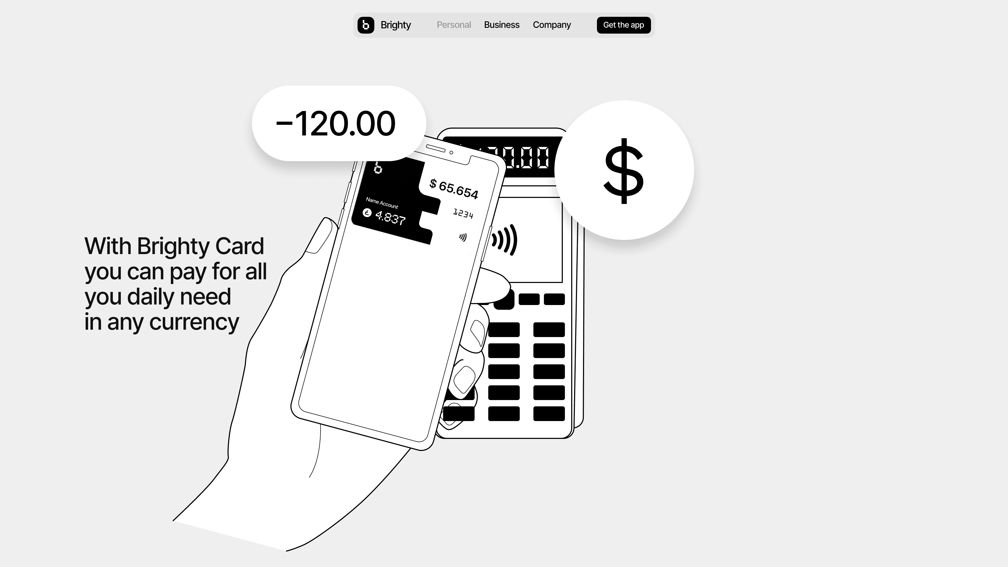 A pencil sketch style illustration of a hand with a phone reaching for a payment terminal