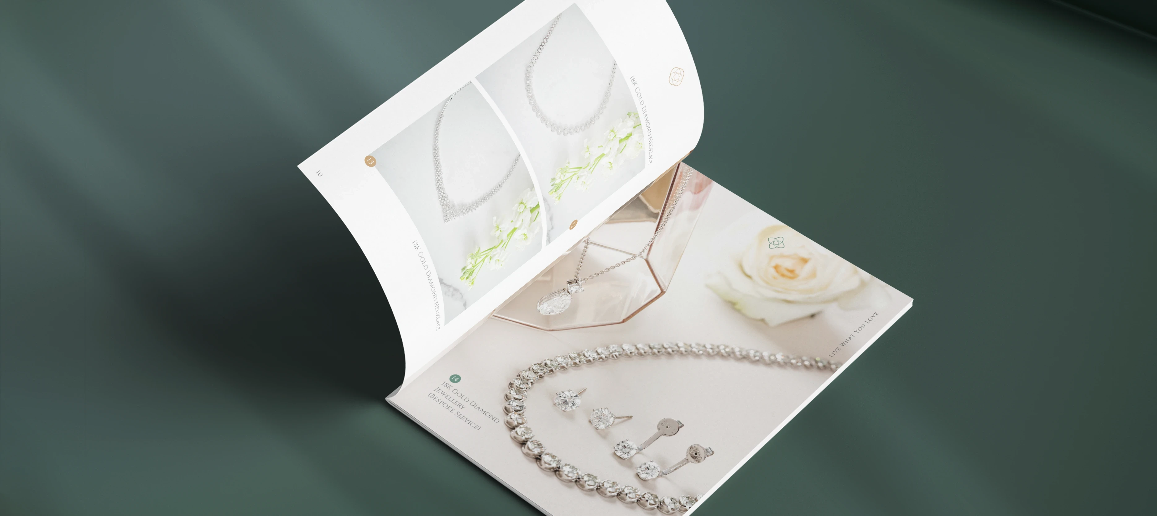 BG Jewellery brochure interior – open pages with high-quality pearl and diamond jewellery photography in refined green-gold palette by Teatime Studio