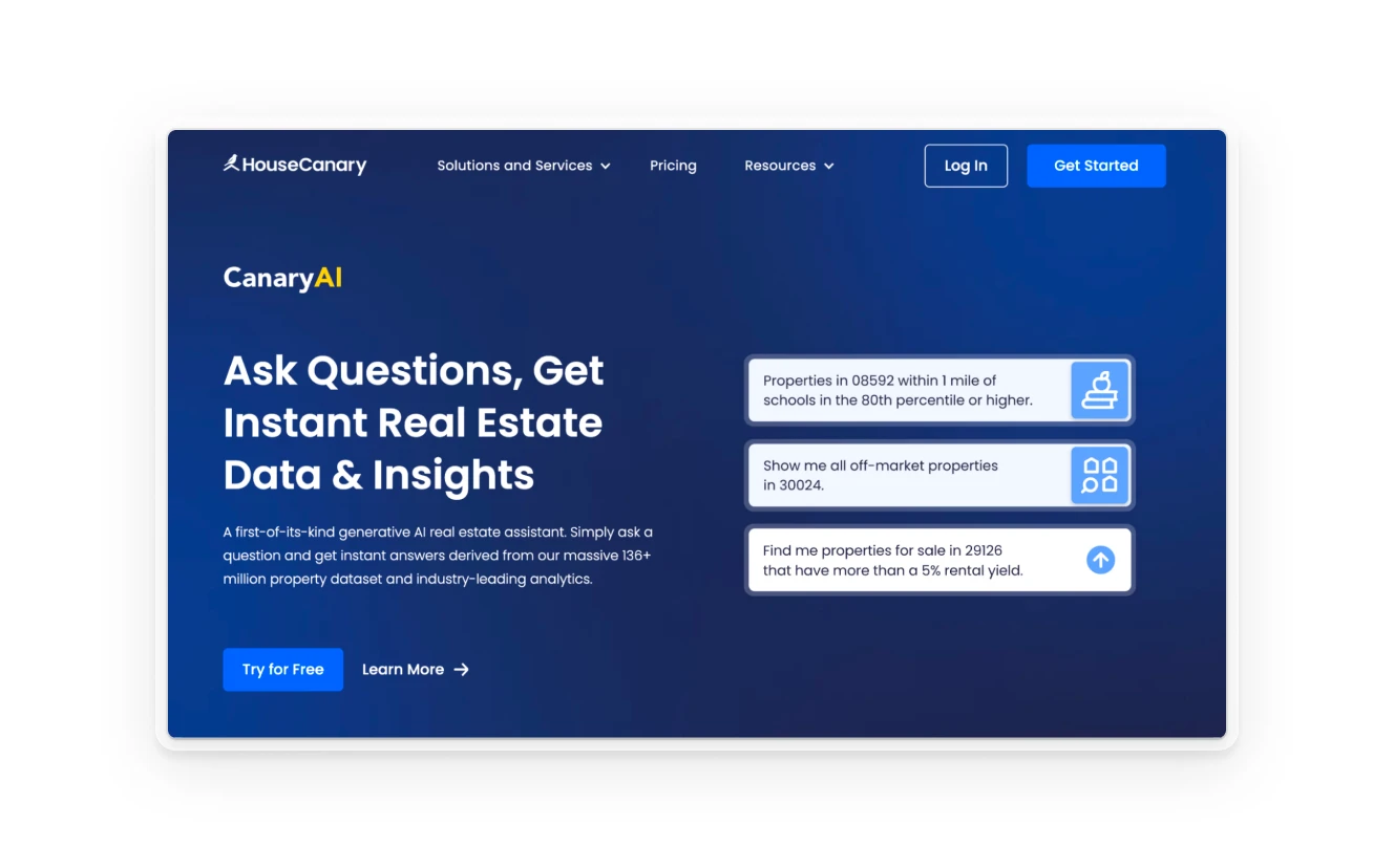 HouseCanary AI platform homepage showcasing its generative AI capabilities for real estate data and insights, featuring queries for off-market properties and high-yield investments.