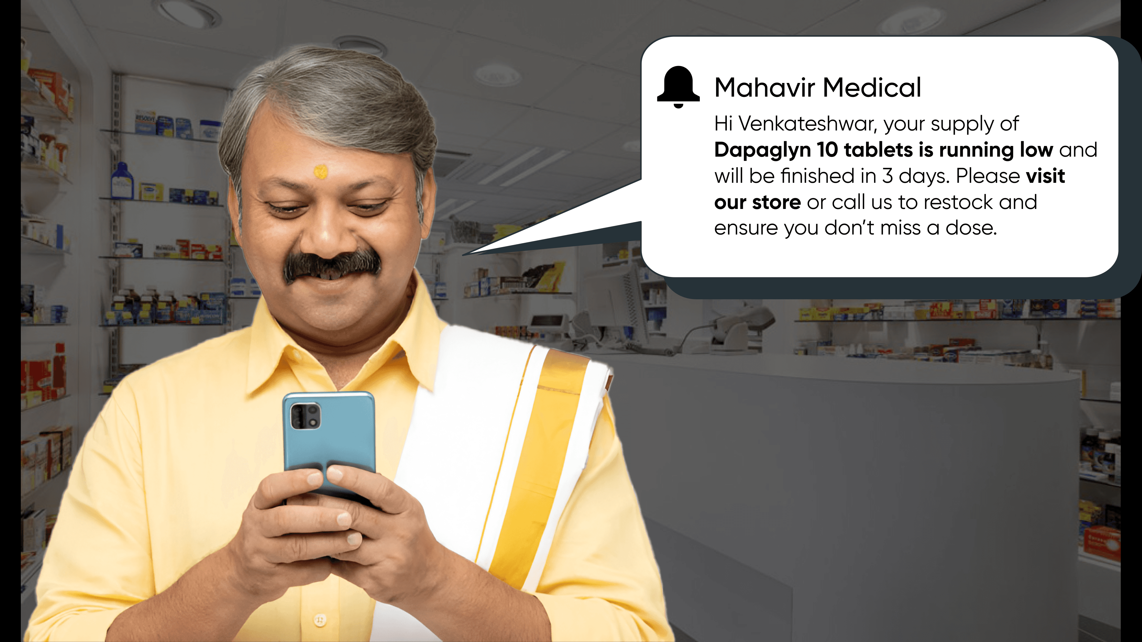 Indian pharmacist sending low-stock medicine alert to regular customer on mobile