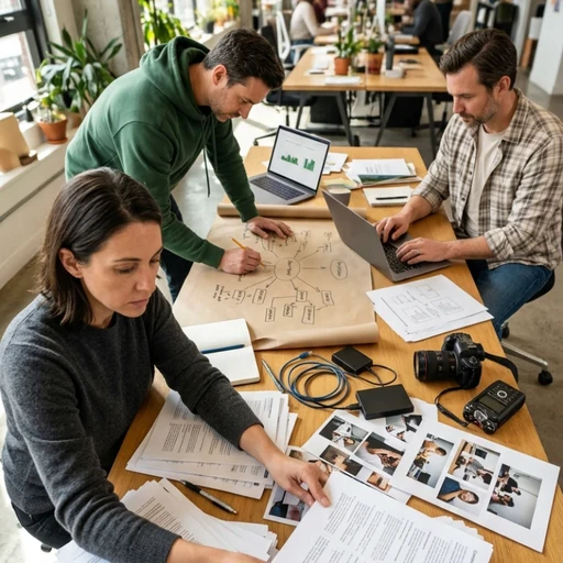 Équipe de consultants en atelier de travail organisant et reliant des documents de synthèse sur une grande table, illustrant notre expertise en Stratégie de comm 360° pour structurer vos services en communication interne.