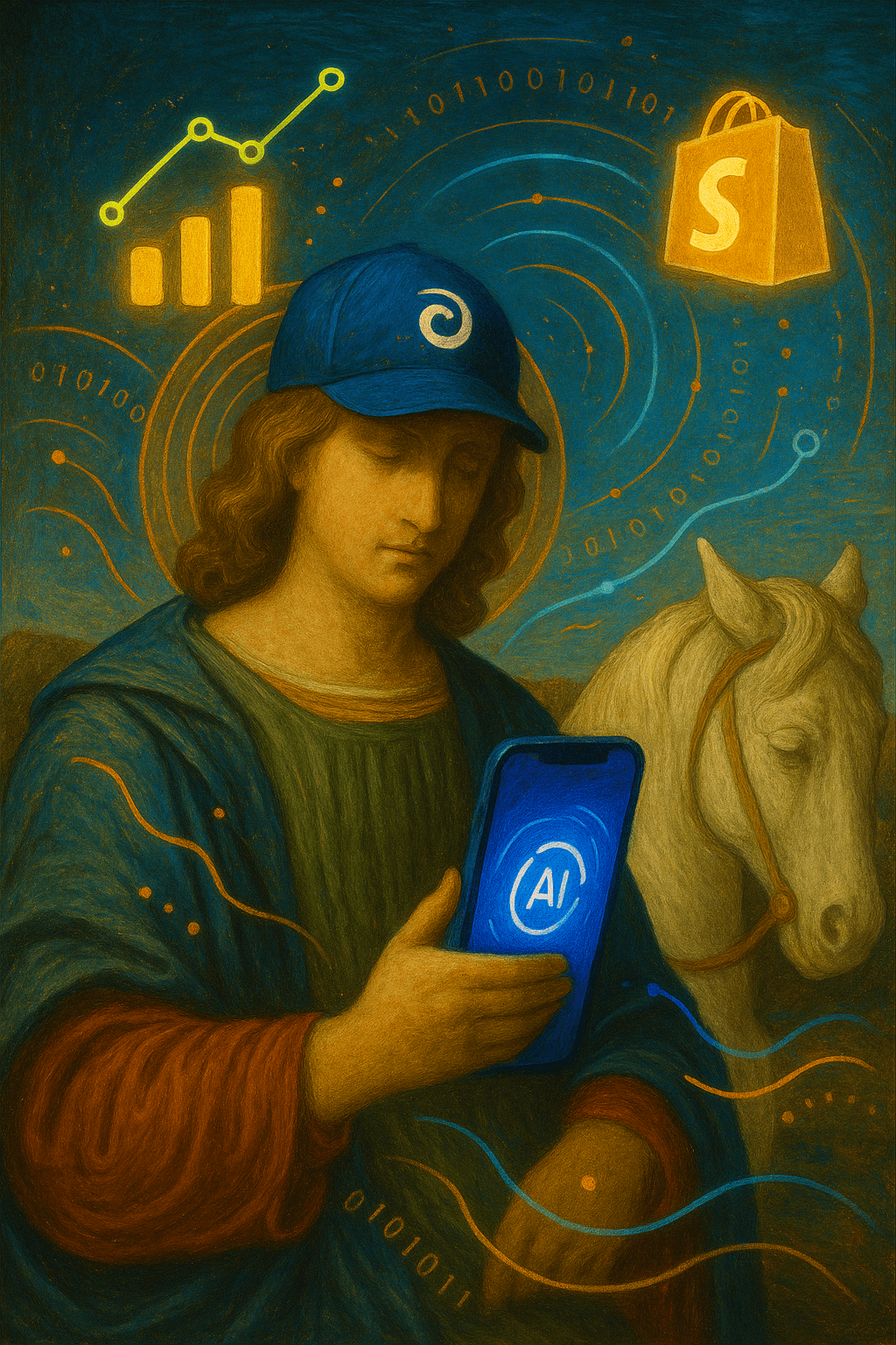 Renaissance-style illustration of a merchant holding a smartphone with AI symbols and Shopify-inspired elements, representing the Shopify Winter ’26 Renaissance Edition and the future of international D2C ecommerce.