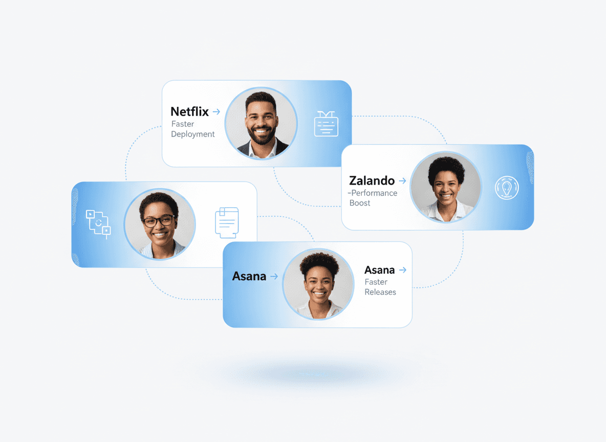 “Floating UI cards showing Netflix, Zalando, and Asana micro-frontend success metrics such as faster deployment, improved performance, and increased release velocity.”