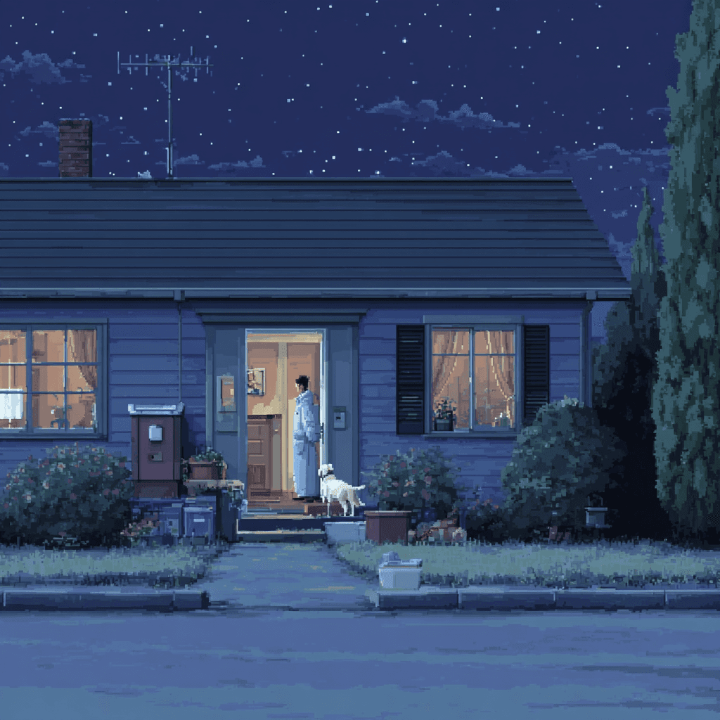 Pixel art of lady and dog at front door.