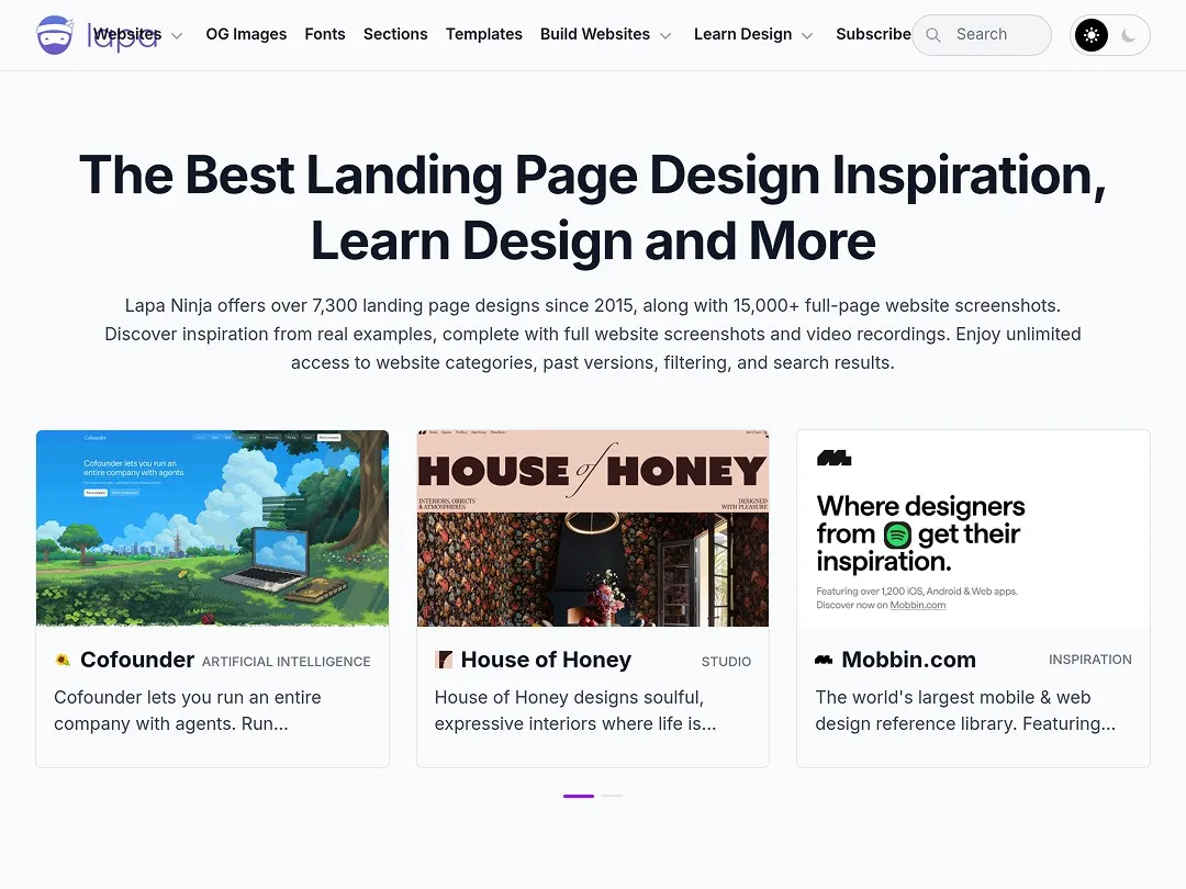 Design inspiration site with landing page examples and creative resources.