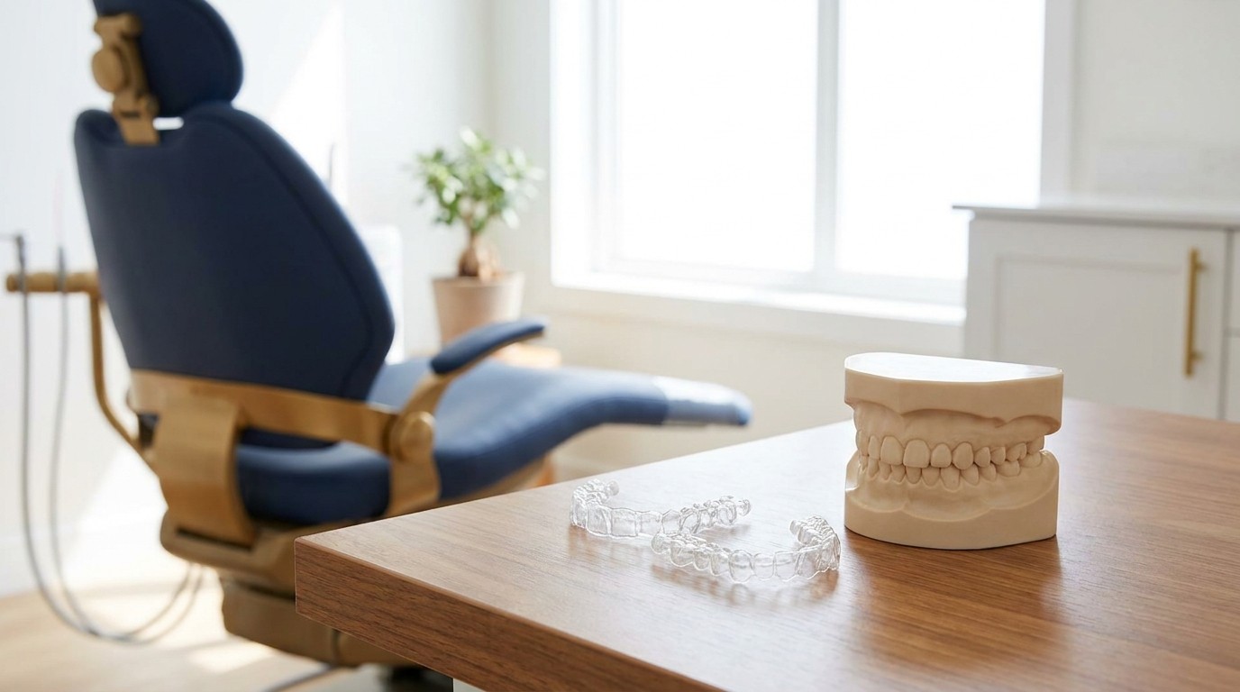 Clear aligner trays resting next to a model of teeth on a clean tabletop