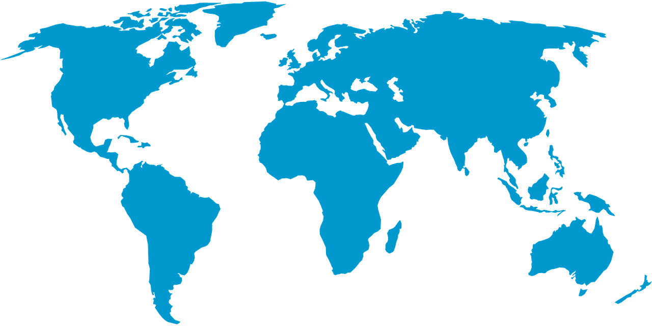 Simplified flat-style blue world map silhouette isolated on a light gray background showing global coverage.