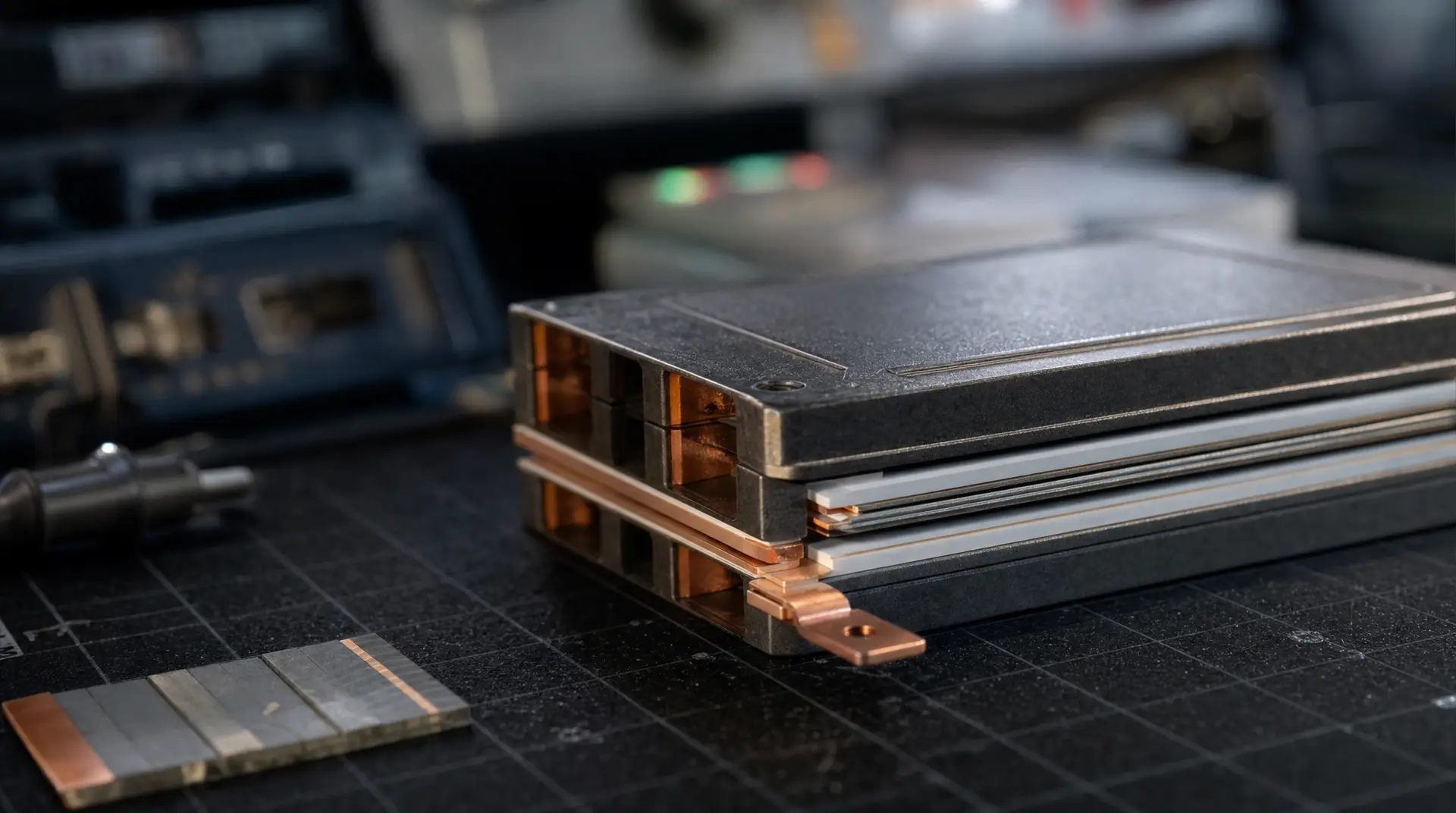 Close-up of copper and metal components being assembled on an industrial workbench, with a blurred machine tool in the background for manufacturing video marketing.