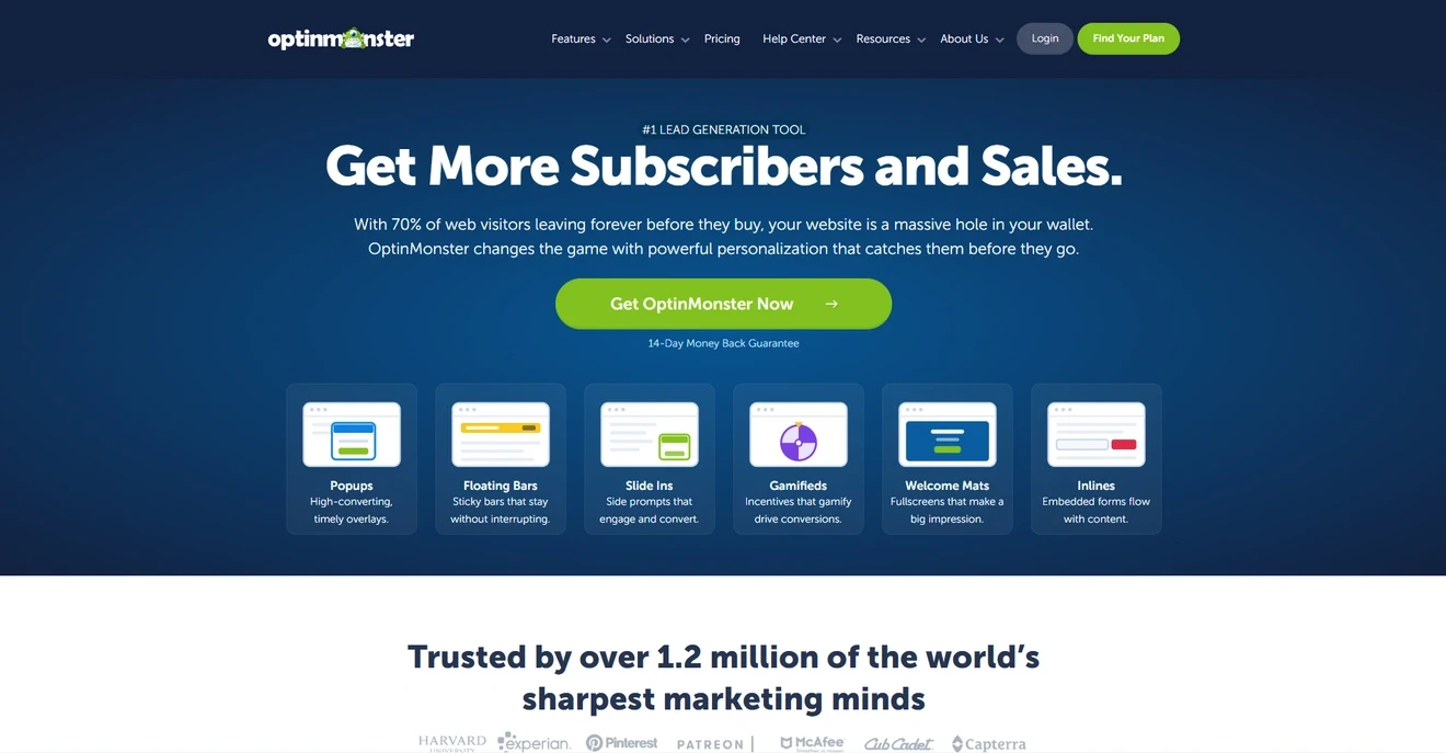 OptinMonster lead generation platform homepage with popup and gamification formats