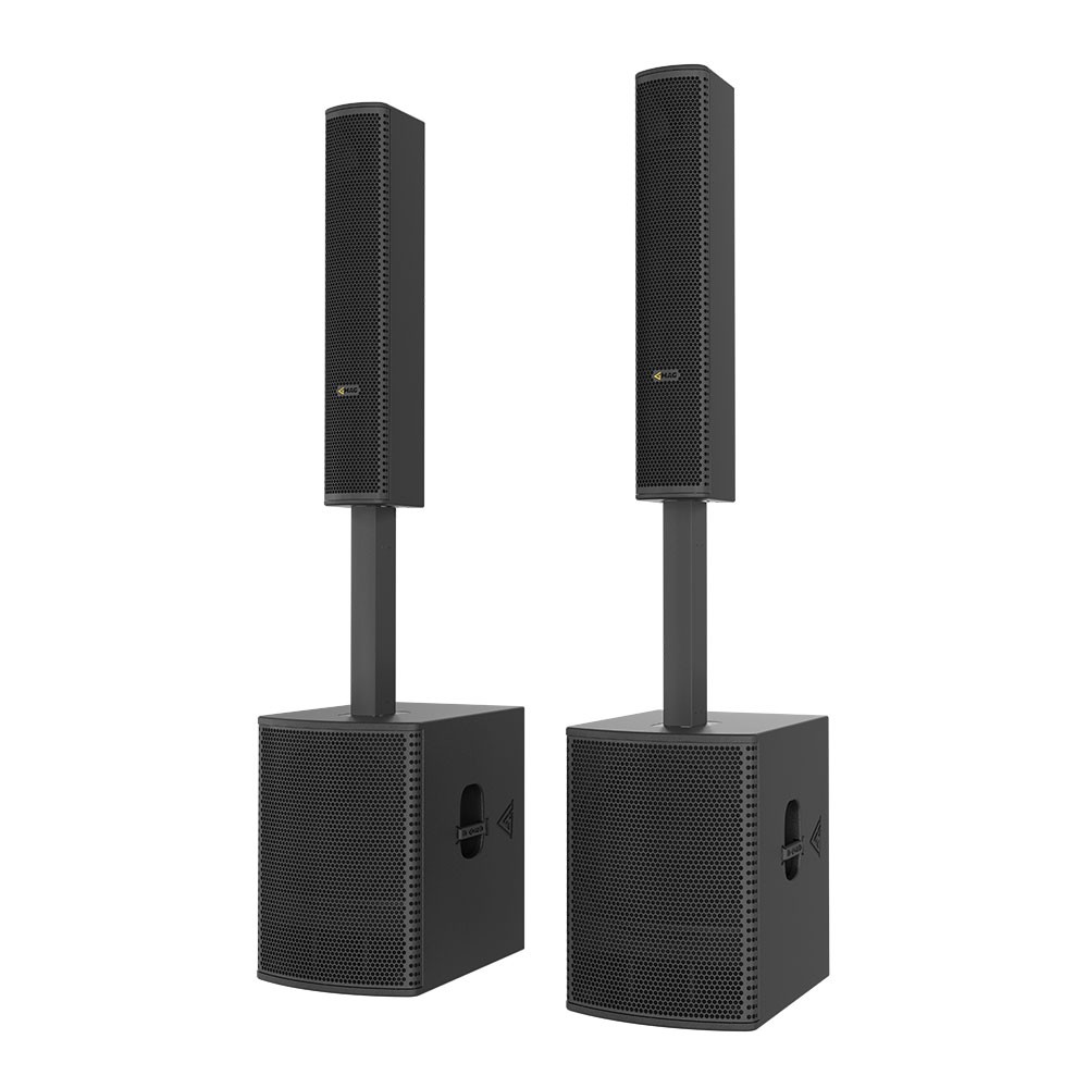Two tall speaker systems on white background.