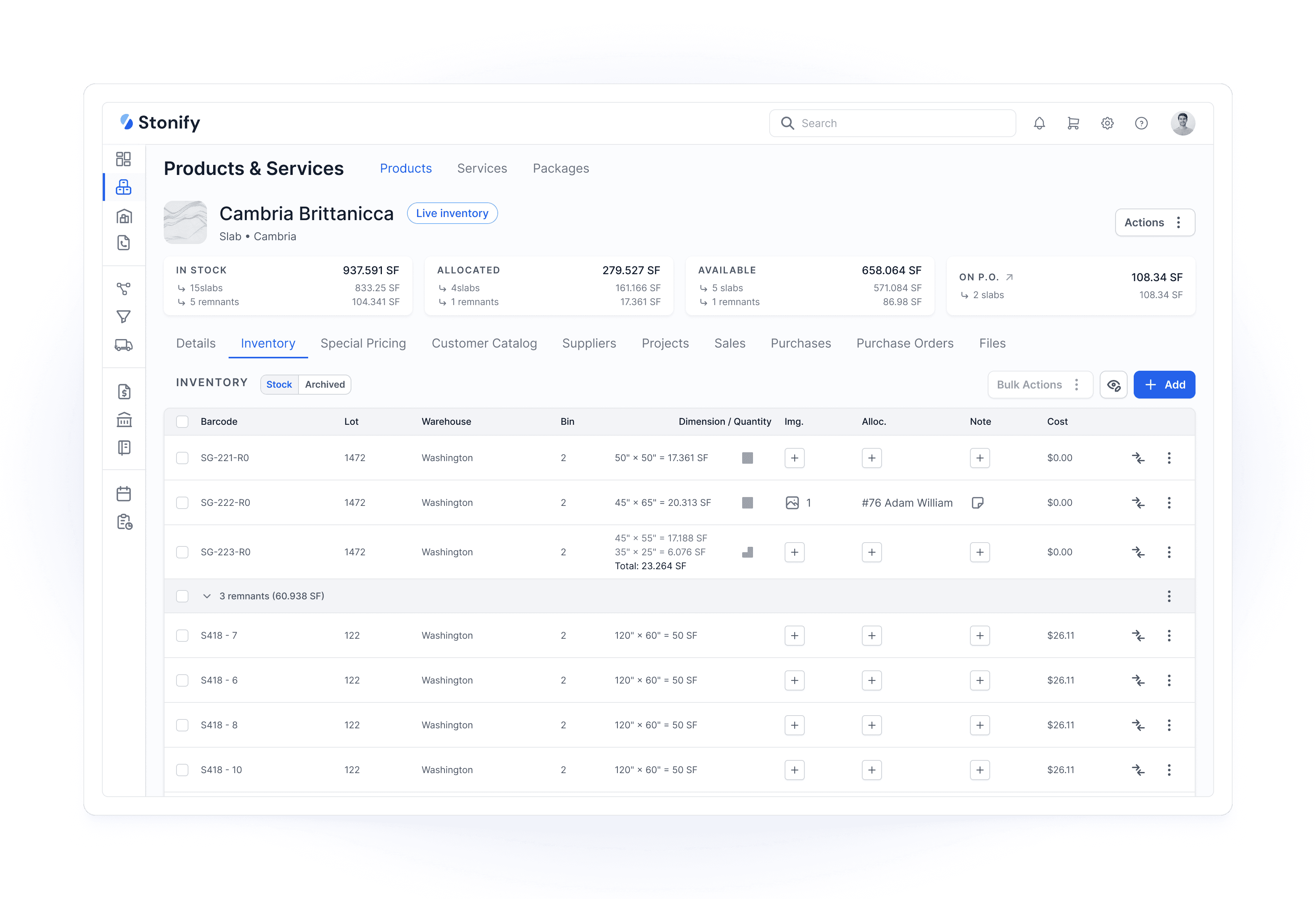 Stonify Products & Services inventory screen showing Cambria Brittanica slab stock, allocation, availability, purchase orders, and remnant details.