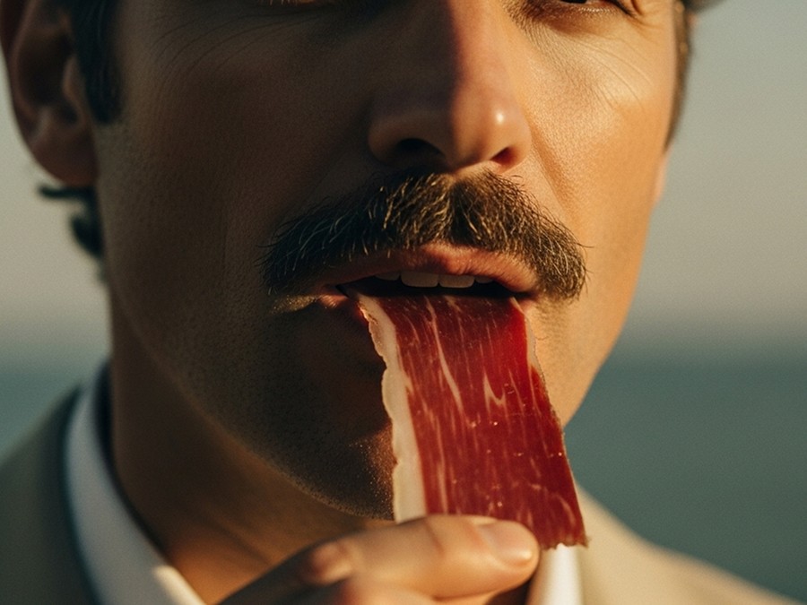 Julio eating a slice of iberico ham.