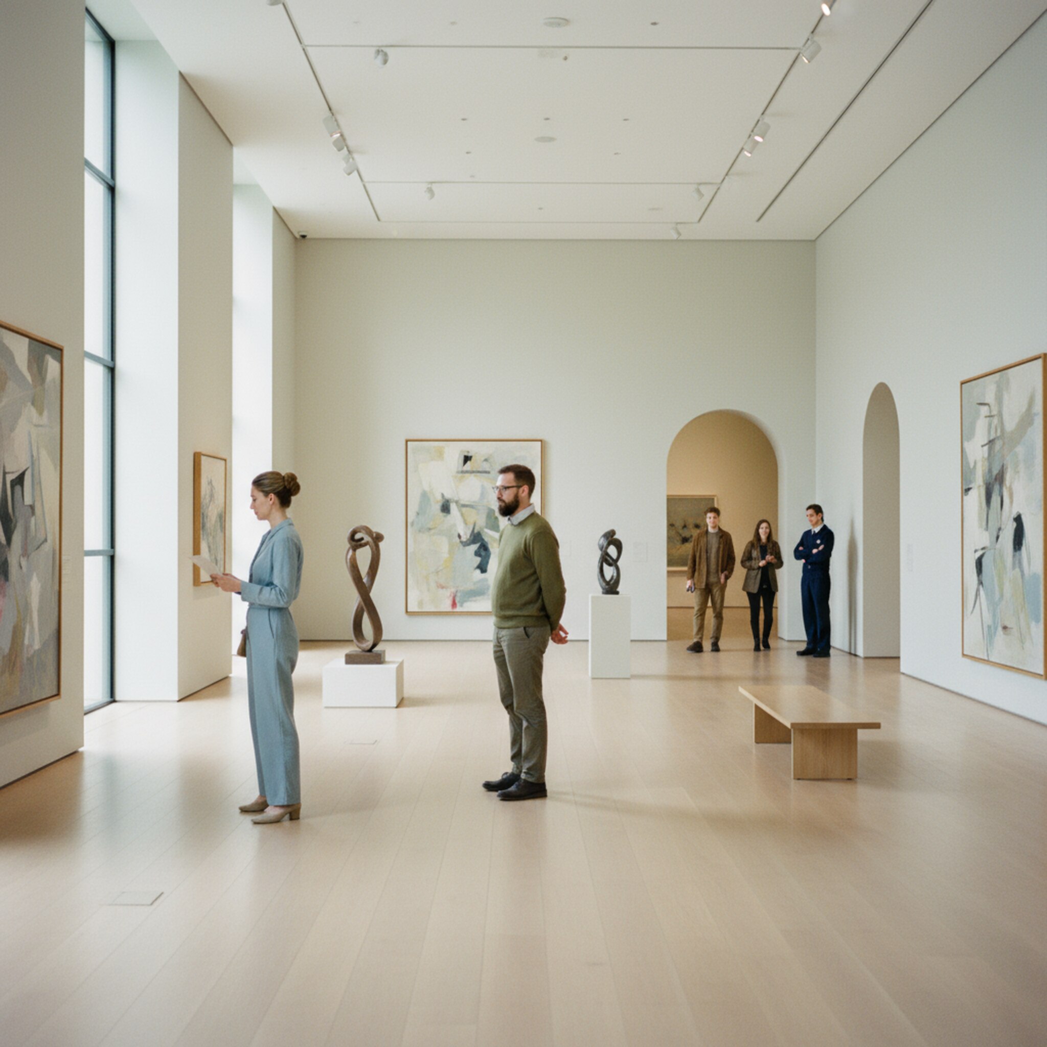 Ein großzügiger Ausstellungsraum mit klaren Sichtachsen. Besucher verteilen sich entspannt vor einzelnen Exponaten, zwischen ihnen bleibt spürbar Raum. Das gedämpfte Licht lenkt den Blick auf Details, Bodenschilder führen dezent. Ein Raumwächter beobachtet diskret, während neue Gäste ruhig eintreten.