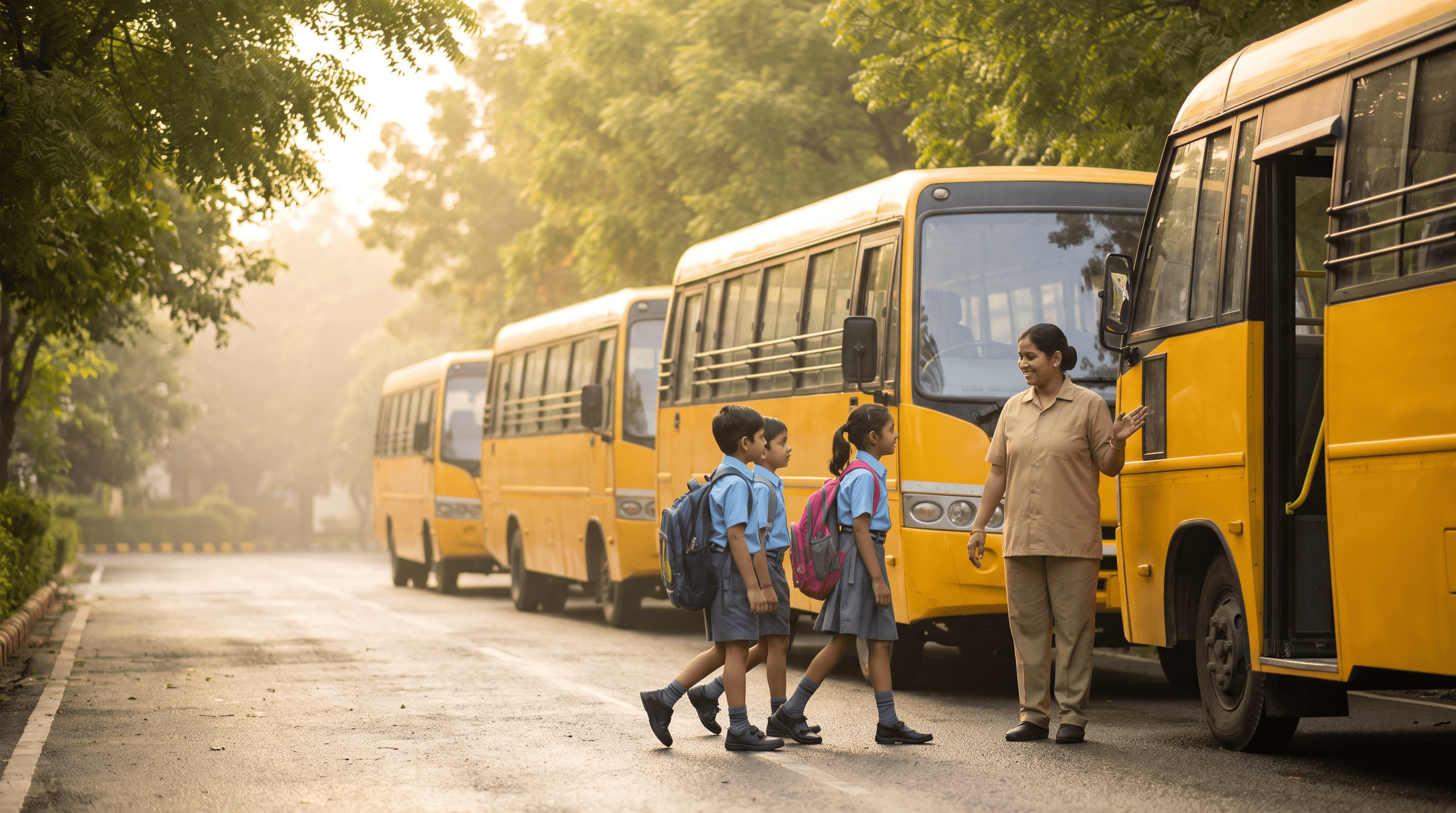 A row of yellow school buses on a campus driveway in the early morning as children walk towards the open door with an attendant waiting.