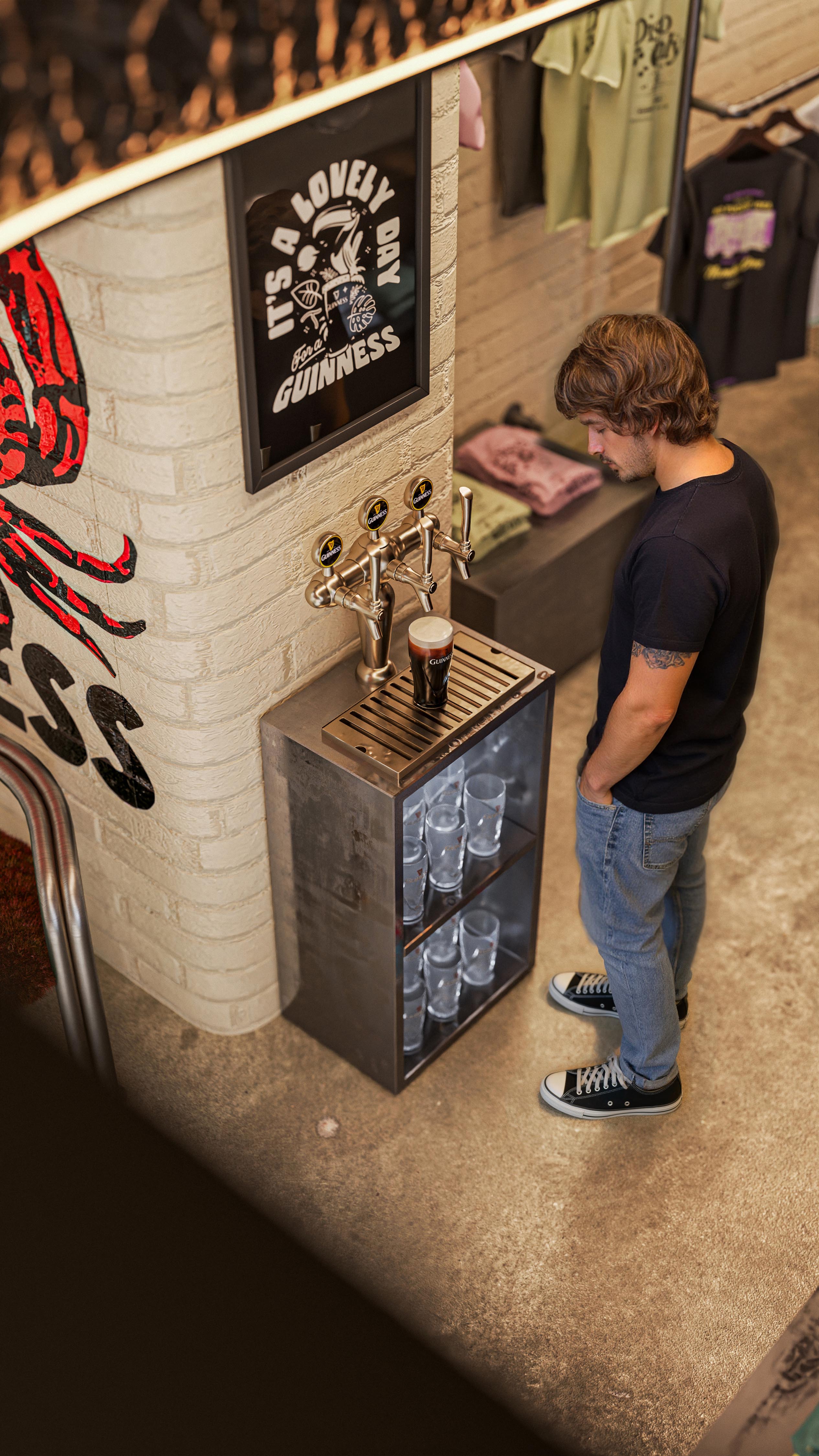 PixelSpaces fashion retail interior design for Bound x Un:ik Manchester concept, gallery-style layout with independent clothing brands, it's a lovely day for a guinness