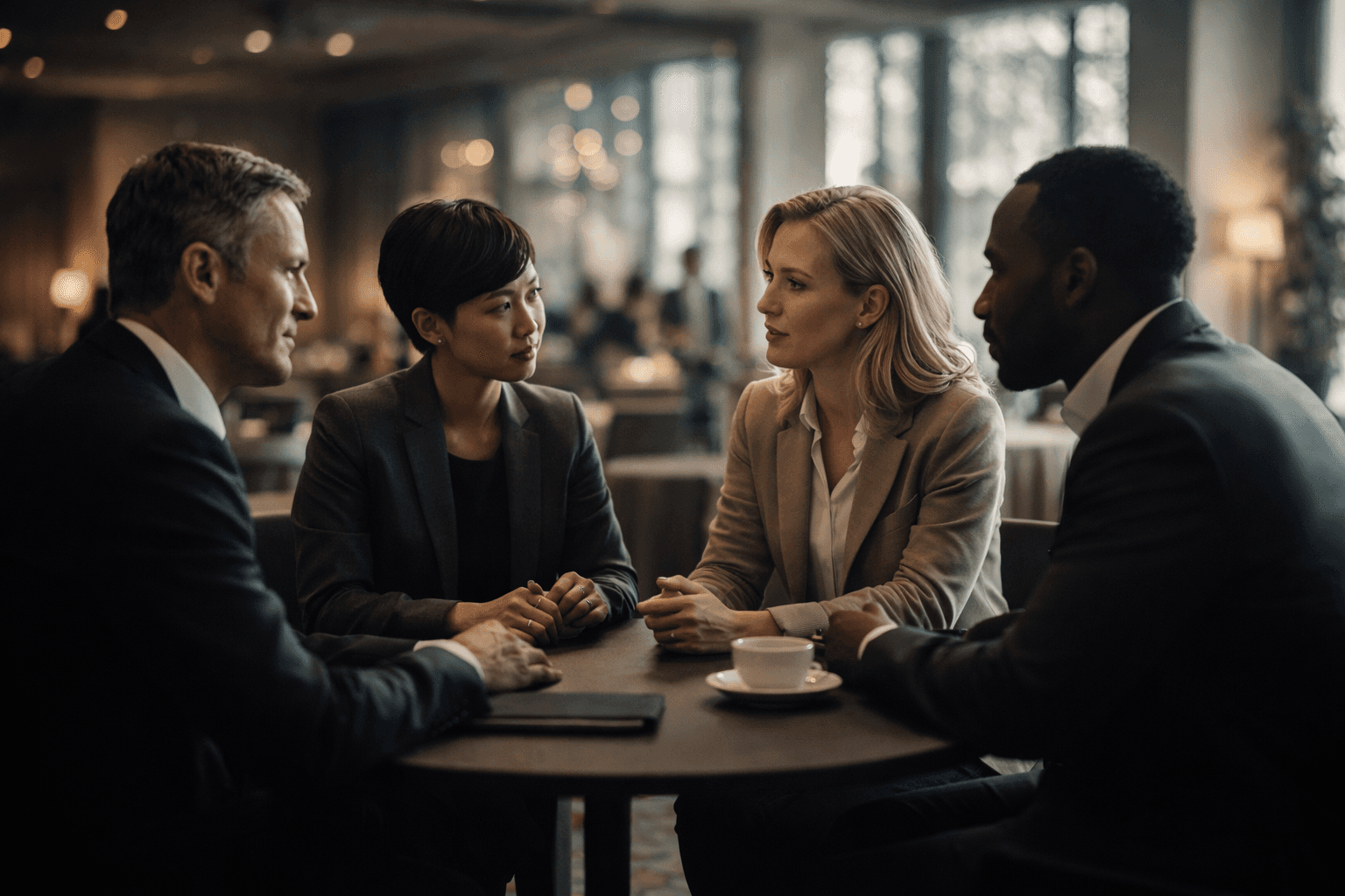 Small group of professionals in roundtable discussion at business event