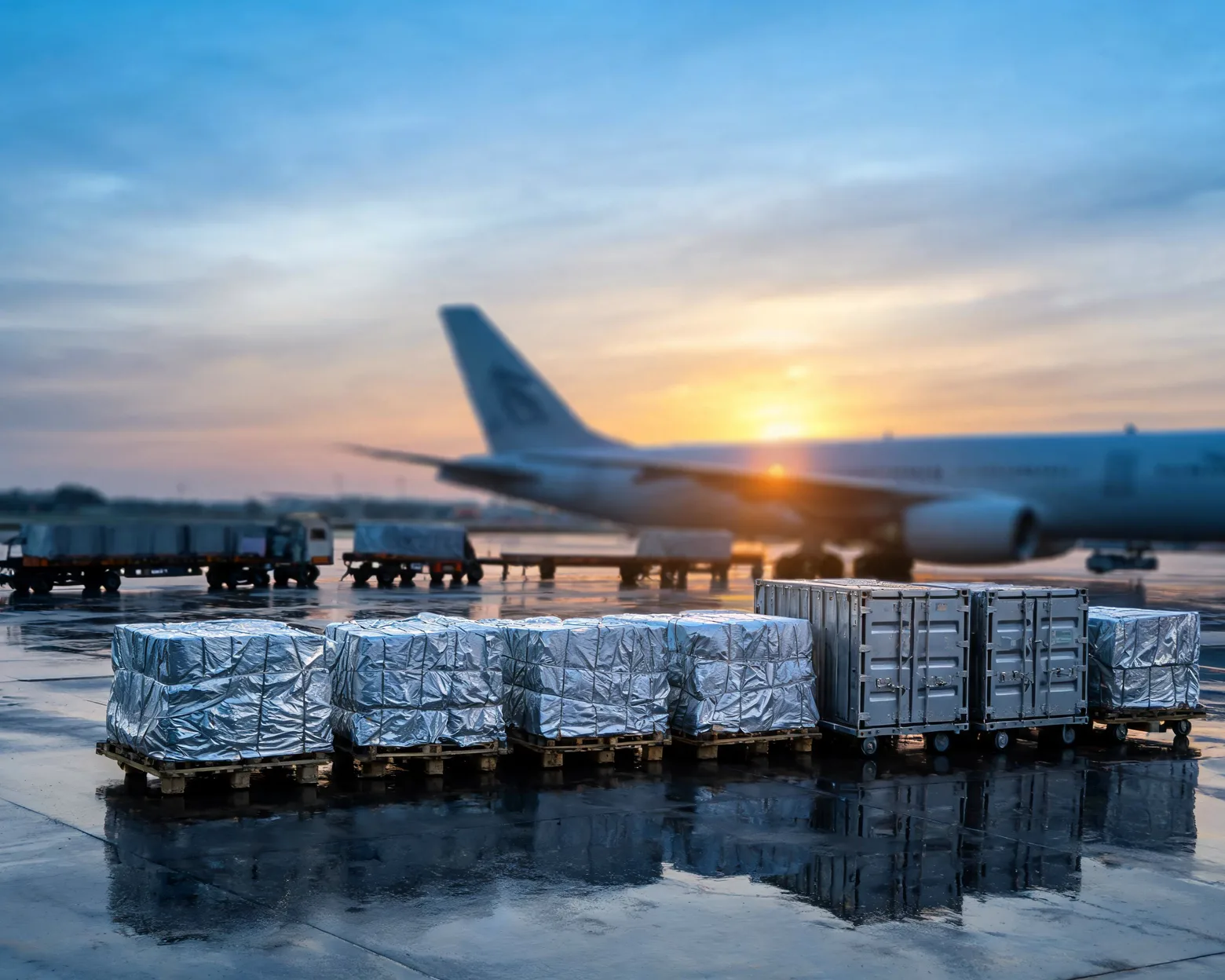 Air cargo pallets under thermal covers beside aluminium containers on an airport apron at dusk