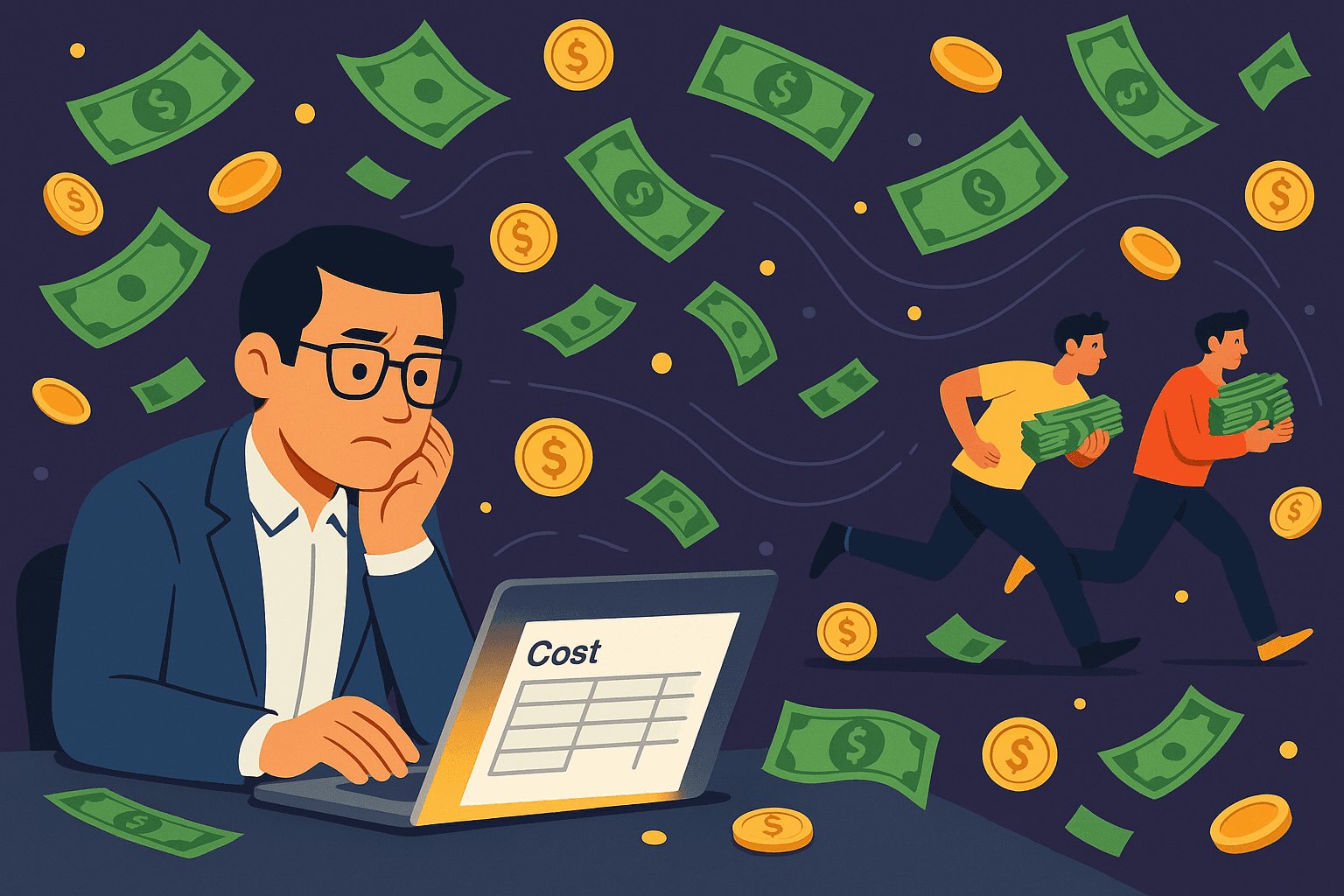 Humorous dark-themed illustration of a CTO at a desk looking frustrated at a laptop labeled ‘Cost’ while developers run away carrying stacks of money, symbolizing wasted engineering spend and the need for AI-powered cost intelligence.