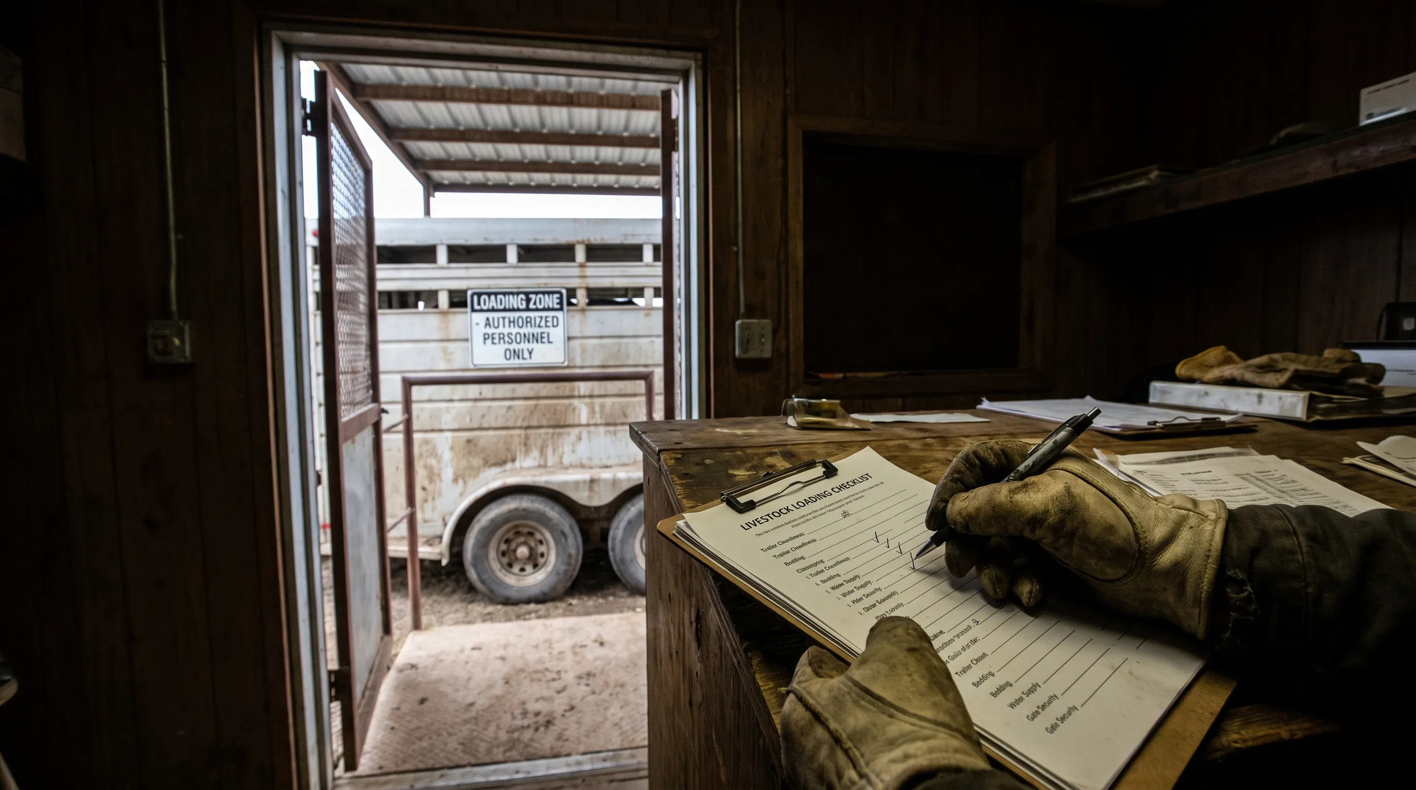 A hauler’s hands mark a printed checklist on a counter inside a livestock loading facility, with a cattle trailer visible through the open office doorway.