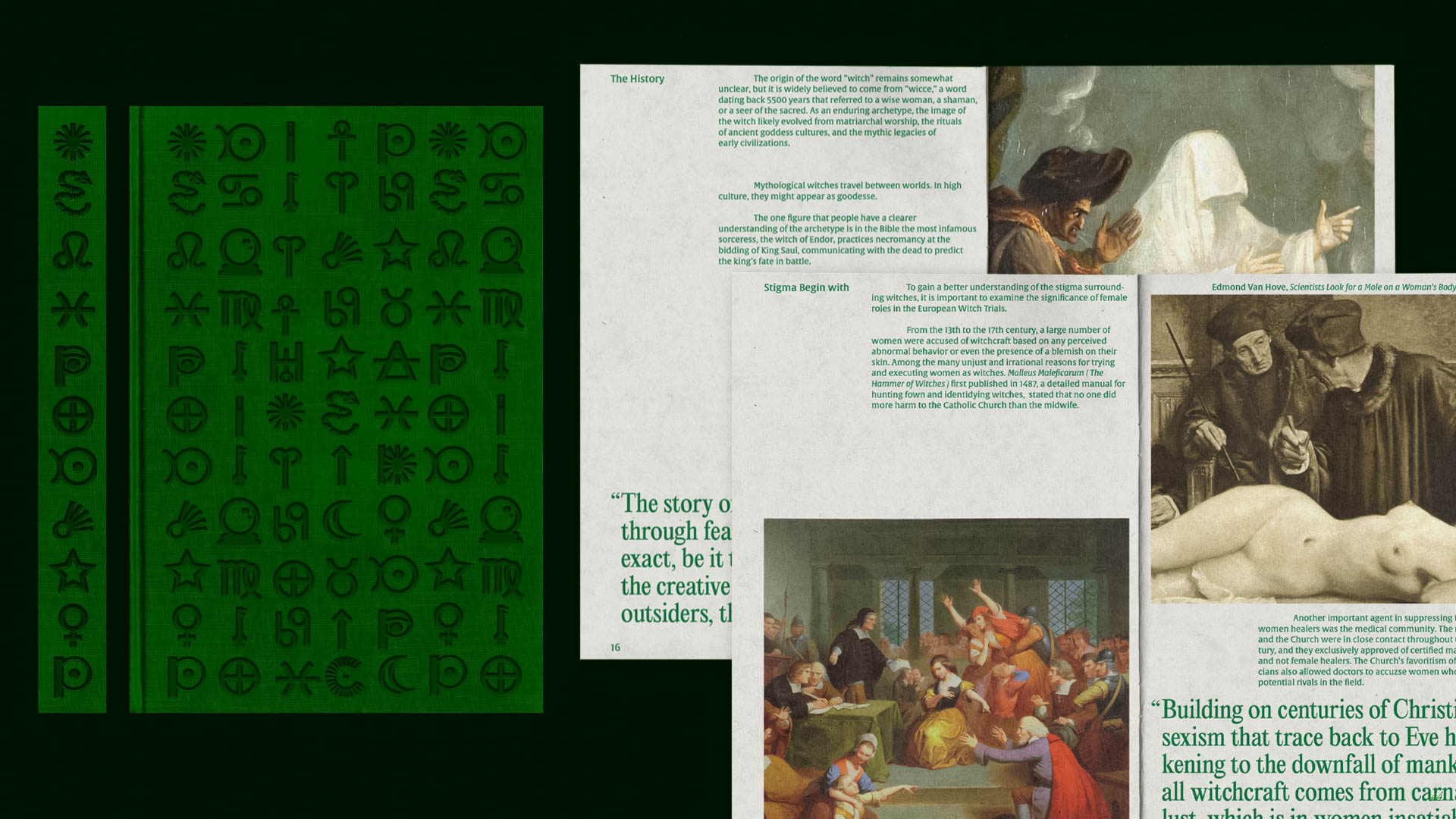 The image shows two pages of text printed in green ink on a black background. The left page contains dense text in a vertical format, with titles and subheadings visible. The right page features text arranged in columns, with images and illustrations interspersed. The top left corner of the right page includes a caption reading “Edmond Van Hove, Scientific Look for a Pole on a Woman’s Body.” The text discusses historical and mythological topics, including “Mythological witches travel worlds in high culture” and “Mythological figures that possess more-infamous understandings of the arcane arts.” There’s also a caption referencing “King’s Fish to battle.” The page numbers “16” are visible at the bottom.