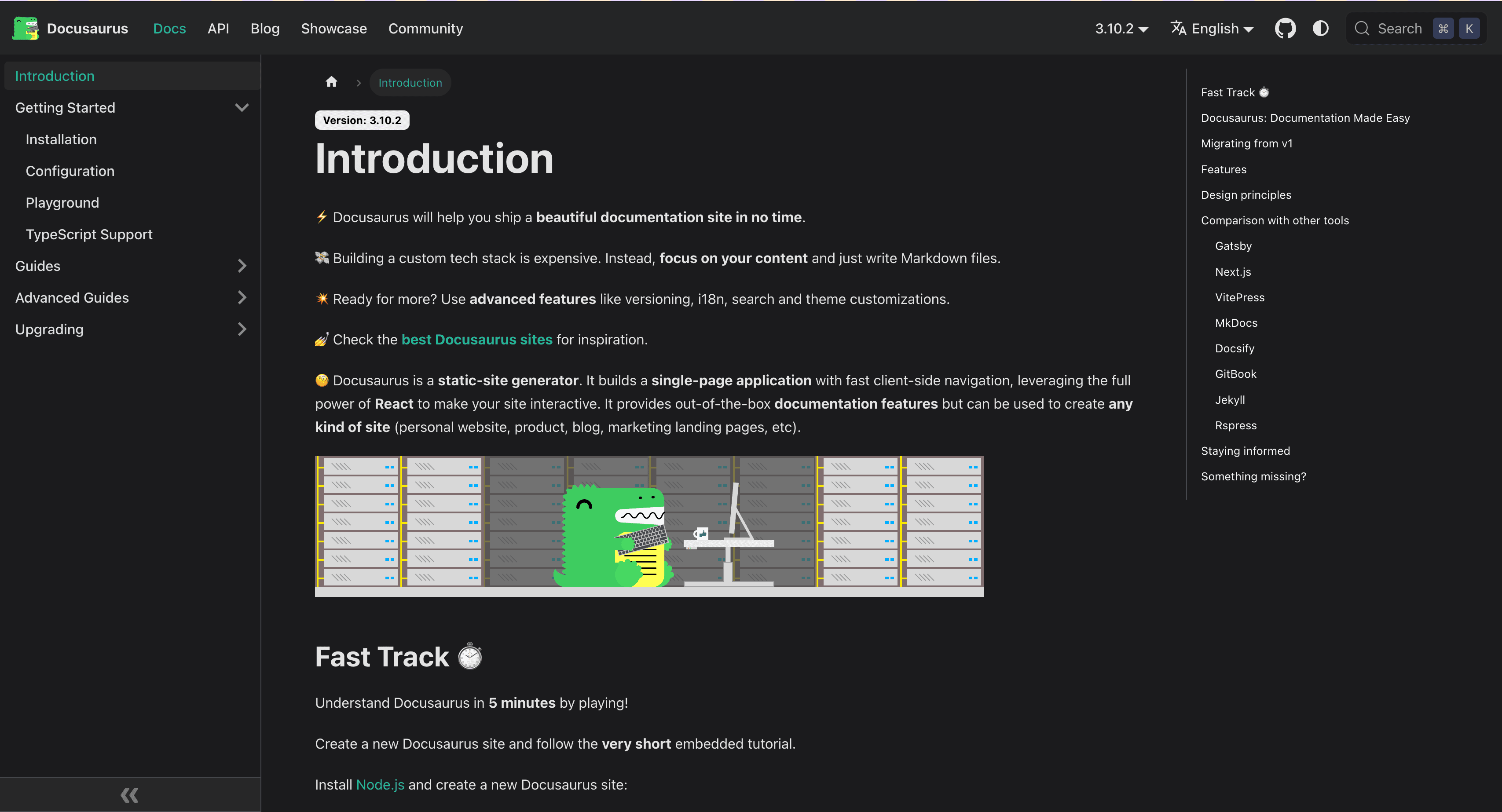Docusaurus open-source docs site built with React, showing versioned documentation