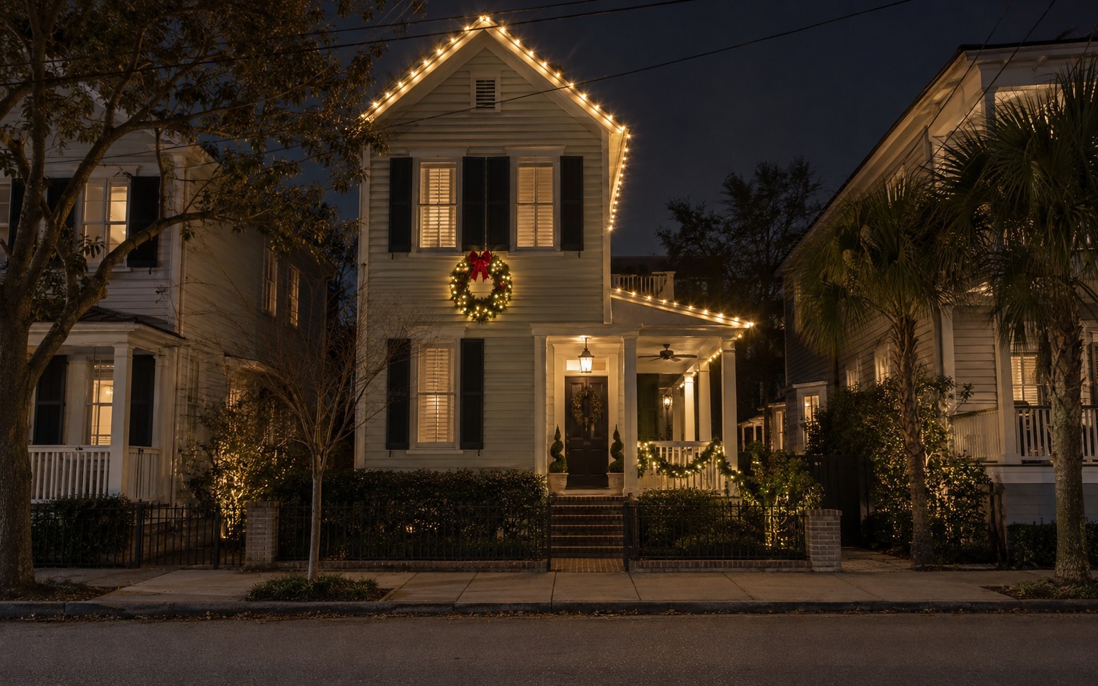 Charleston single house with warm white lights on the roofline and porches