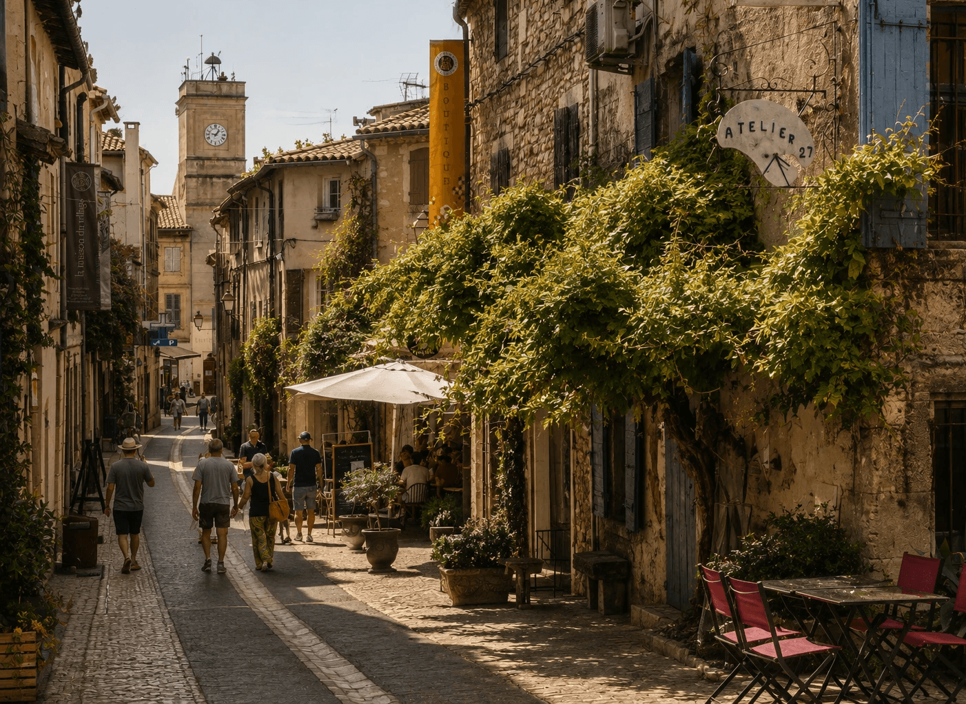 A sunny, narrow cobblestone street in a historic French village, lined with old stone buildings. In the foreground on the right, a weathered stone building features blue shutters, climbing green vines, an artist's palette sign reading "ATELIER 27", and outdoor cafe seating with pink chairs. People are seen strolling down the street under a warm afternoon light, with a clock tower standing prominently in the distant background.