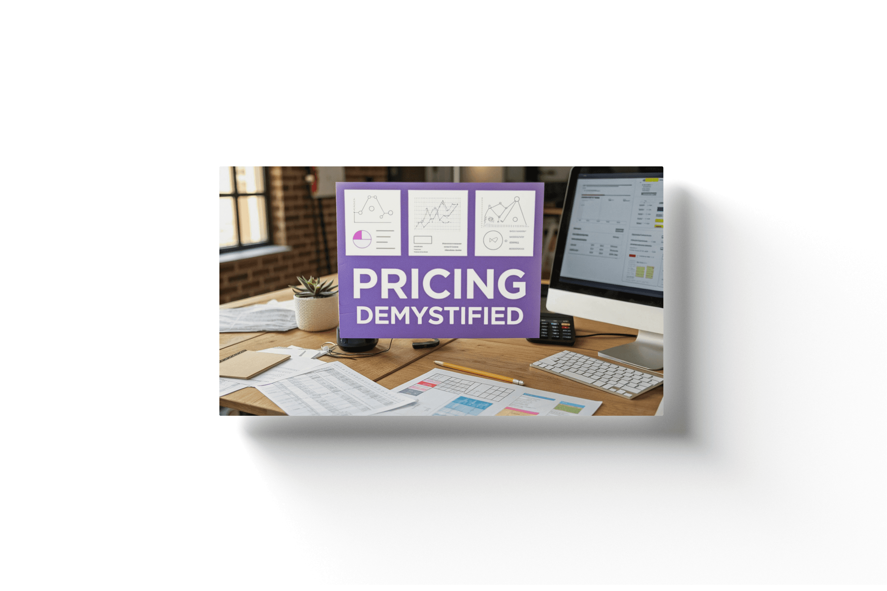 a purple graphic showing various pricing packages in front of a cluttered desk