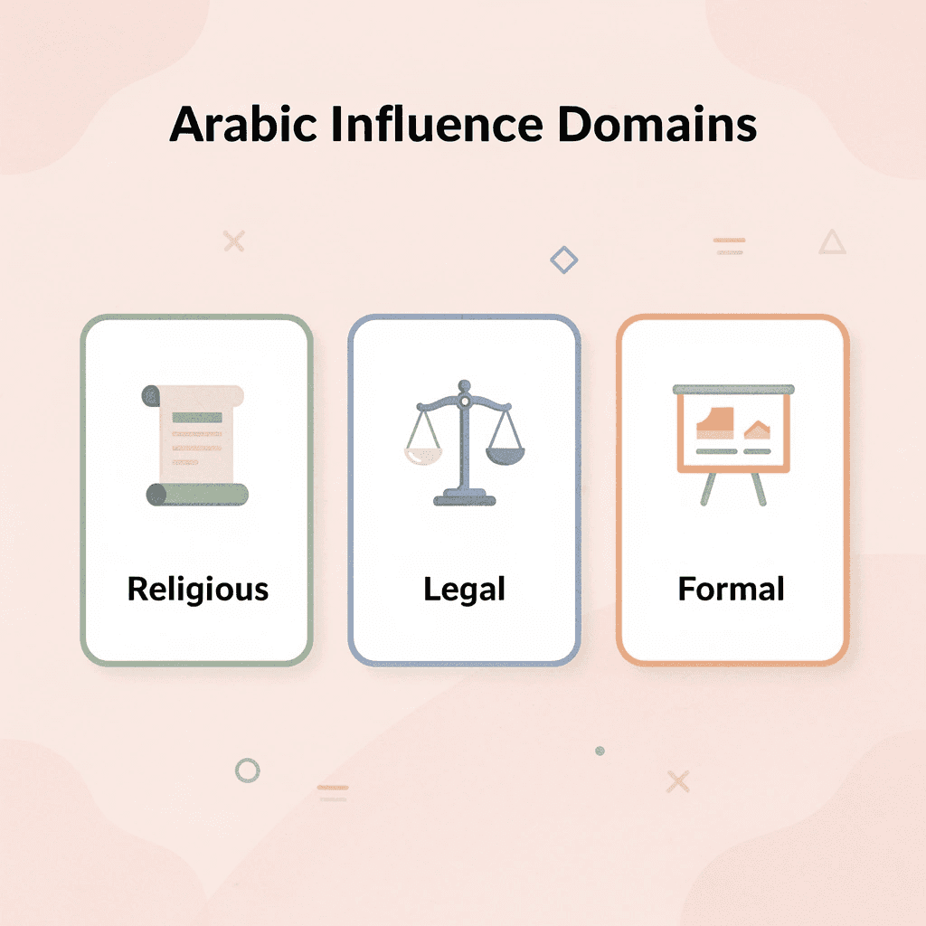 Three cards showing domains where Arabic influenced Turkish vocabulary