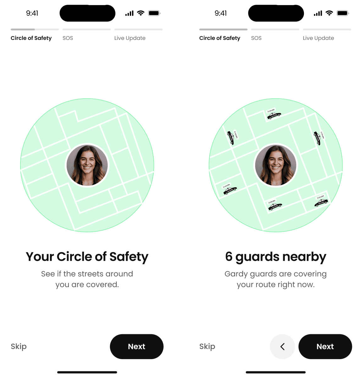 “Circle of Safety” to determine safe routes screens