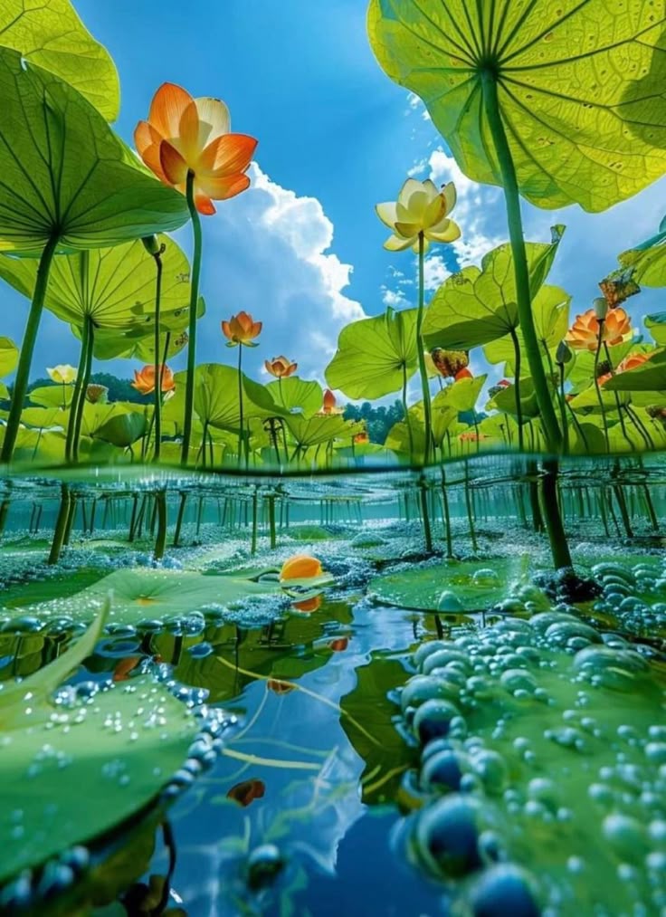 A vibrant underwater scene with green lily pads and colorful flowers under a bright blue sky.