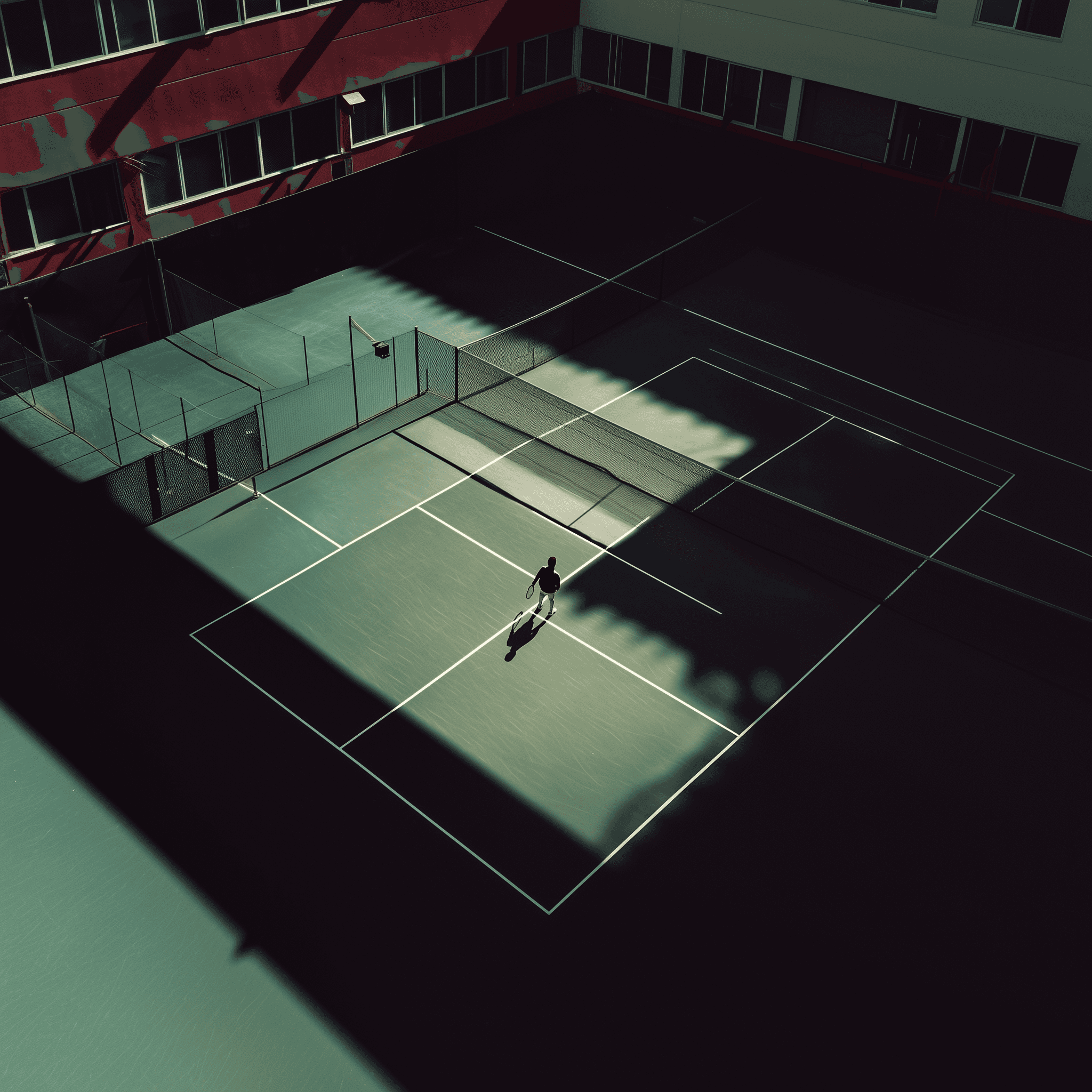 A tennis player on the court, A wide-angle photo of the tennis court from above, 85mm lens., aerial view, daylight, fashion photography, hard surface., the person in mid-shot is wearing black and holding a racket, the scene has shadows and highlights, the style is minimalistic and modern