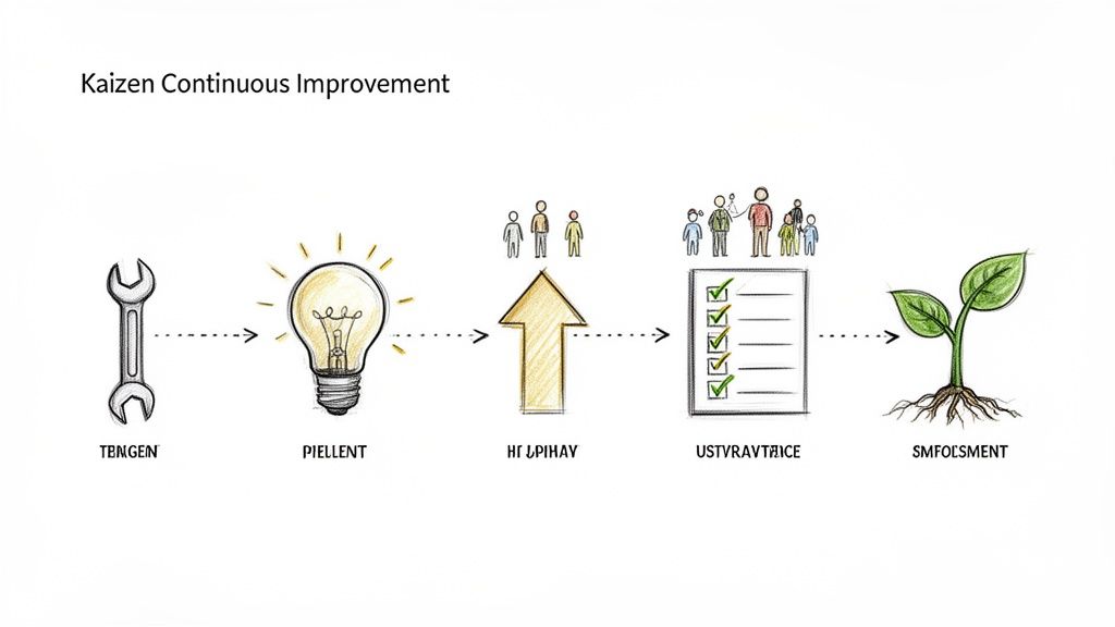 Flowchart illustrating the Kaizen continuous improvement process, showing steps from tools to ideas, action, and growth.