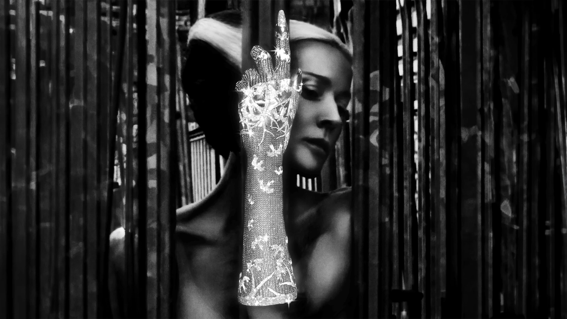 Dramatic black and white fashion photograph of Daphne Guiness showcasing a high-jewelry diamond-encrusted glove design by Shaun Leane.