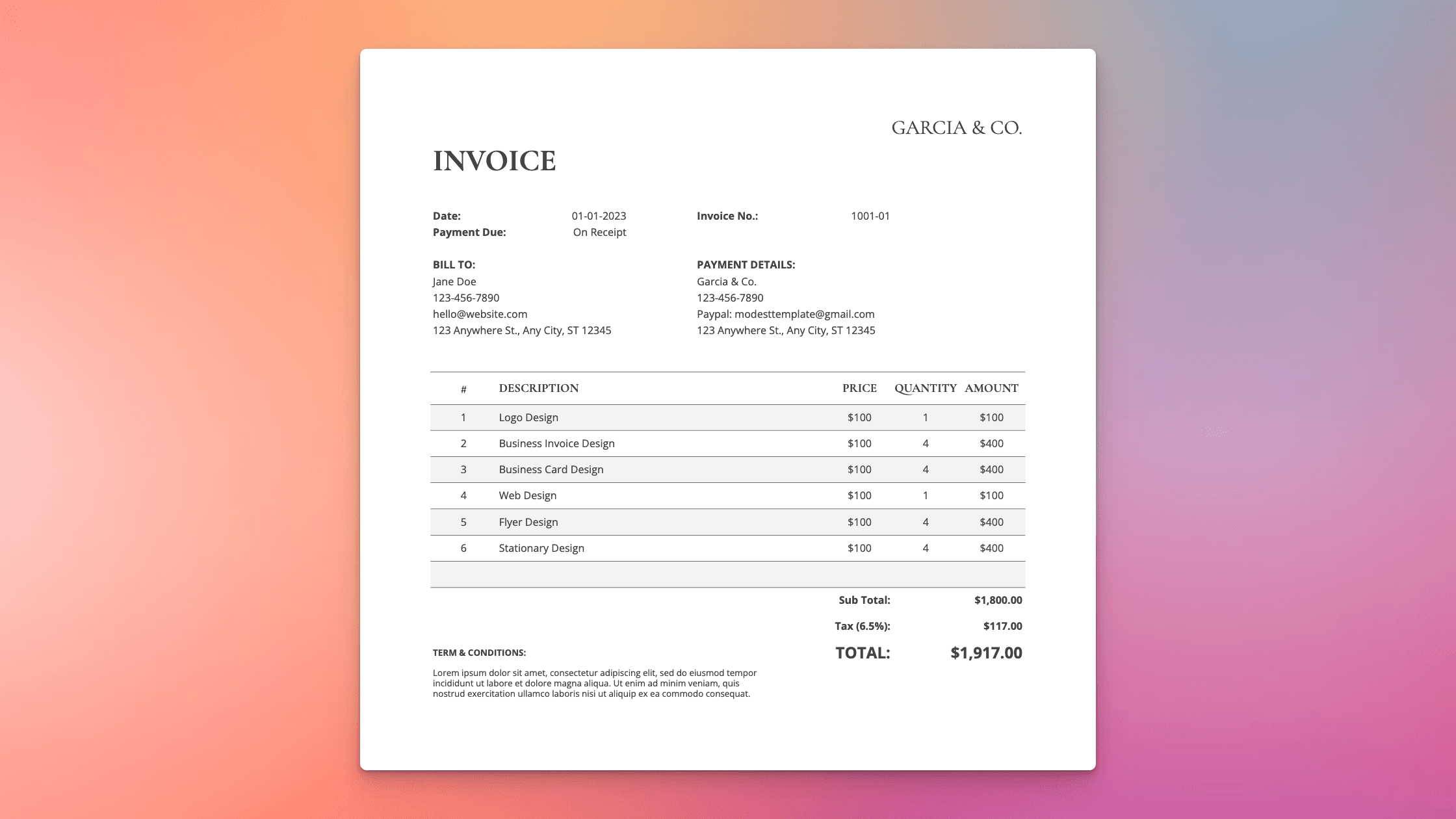 Invoice spreadsheet template with line items, payment terms, and automatically calculated totals.