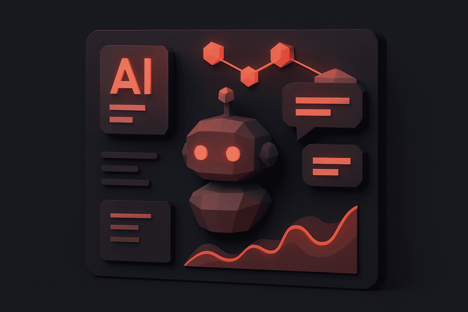 3D graphic of an AI chatbot surrounded by icons for charts, speech bubbles, and text blocks, representing artificial intelligence and data interaction