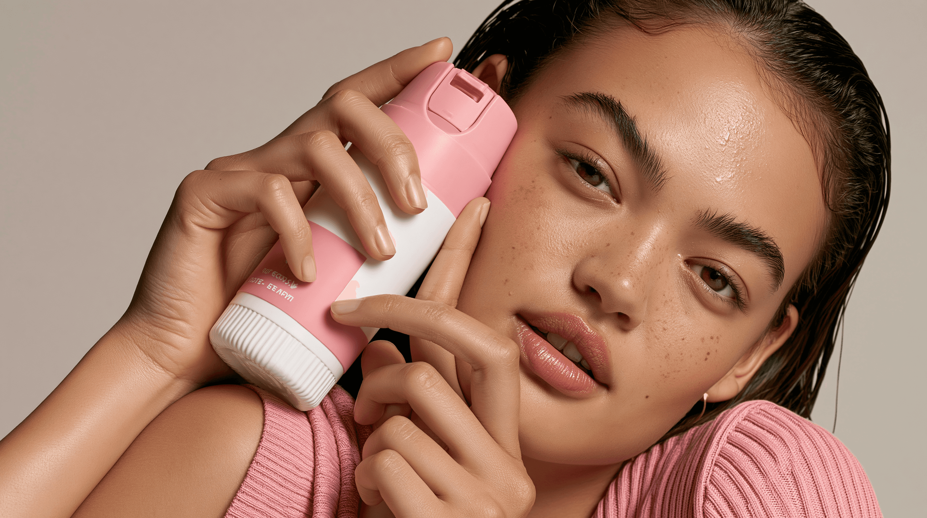 Woman in a pink top holding a pink-and-white bottle against her cheek on a beige background.