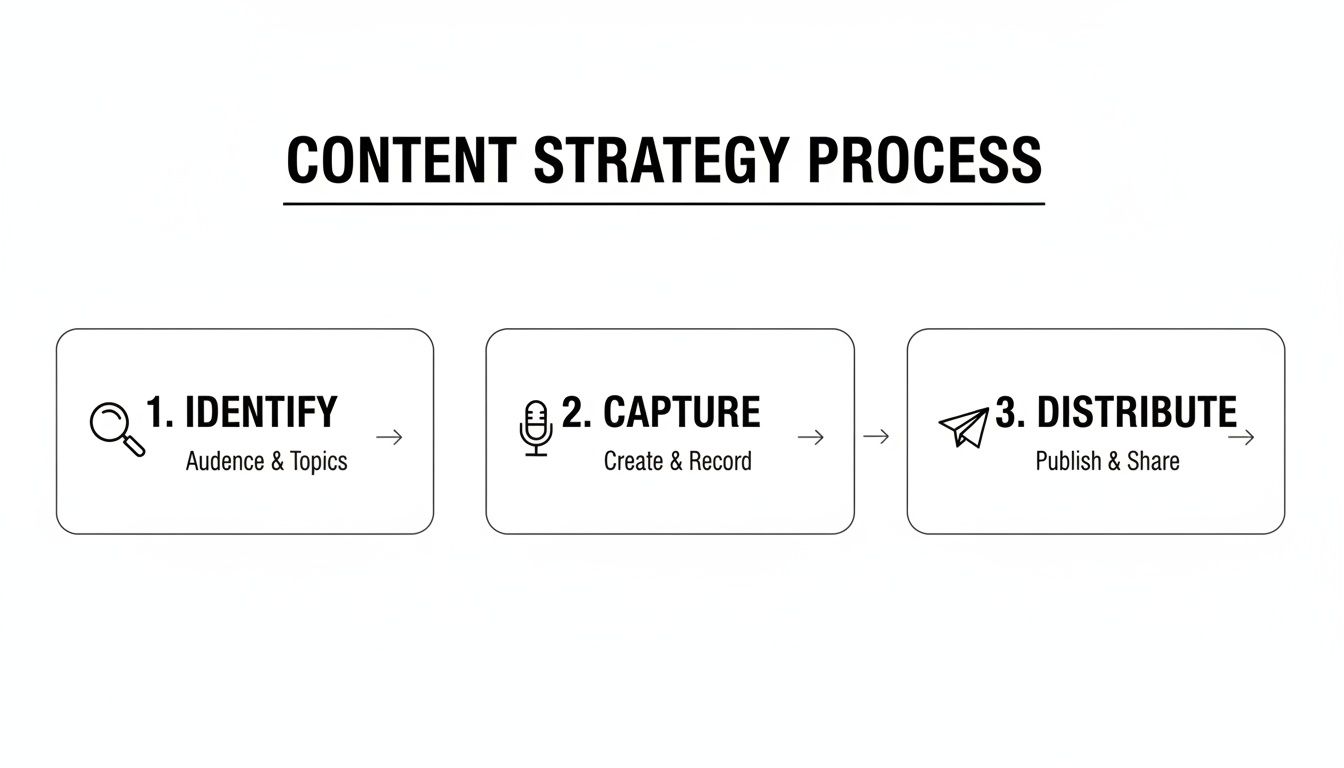 A content strategy process diagram with three steps: Identify audience and topics, Capture content, and Distribute.