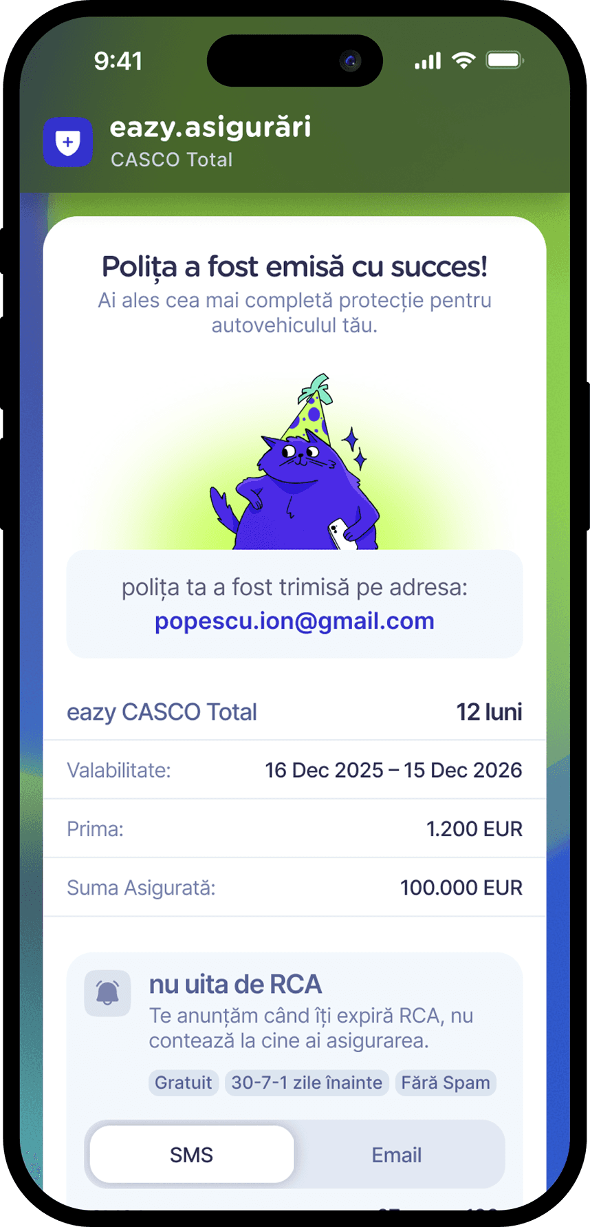 Pasul 4 în aplicația eazy: polița CASCO Total a fost emisă cu succes și trimisă pe email, valabilă 12 luni