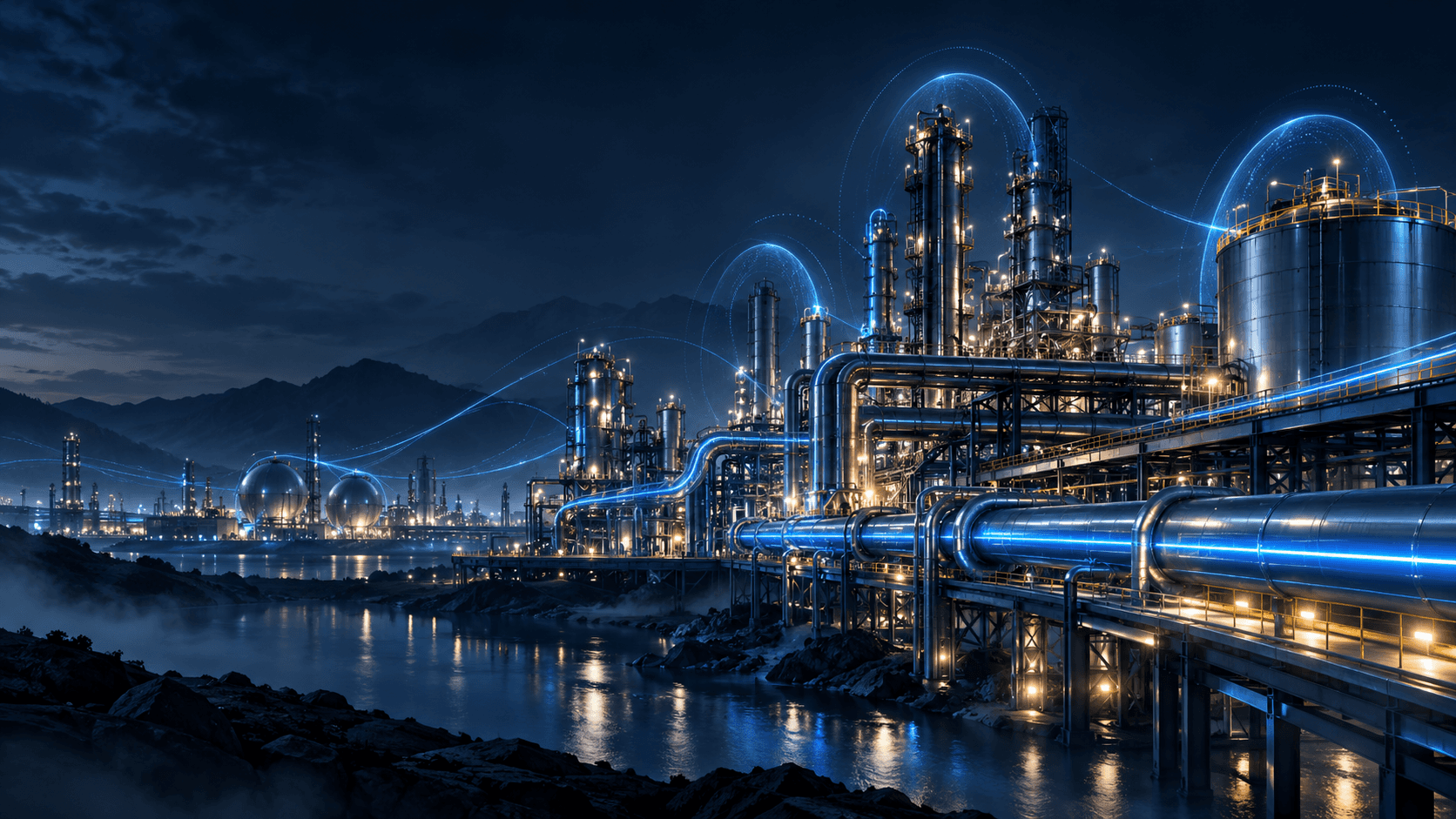 Industrial facility at night with illuminated pipelines and soft magnetic field arcs representing Magnetizer® Industrial Systems.