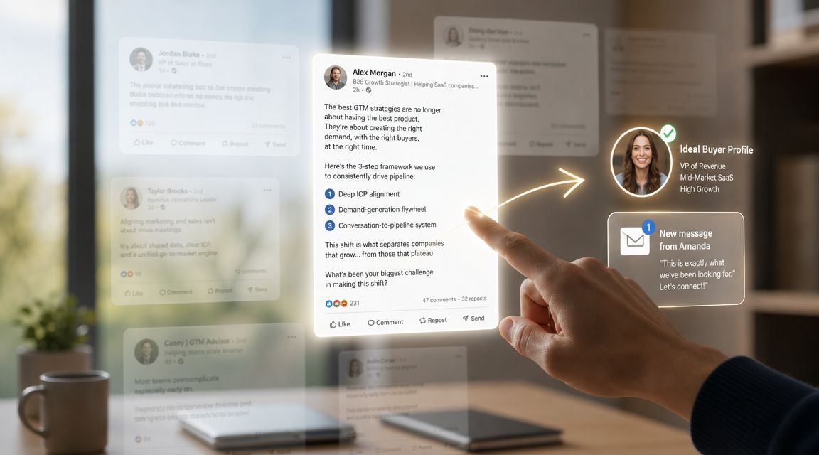 A hand interacting with a holographic social media interface displaying B2B lead generation and marketing strategies.