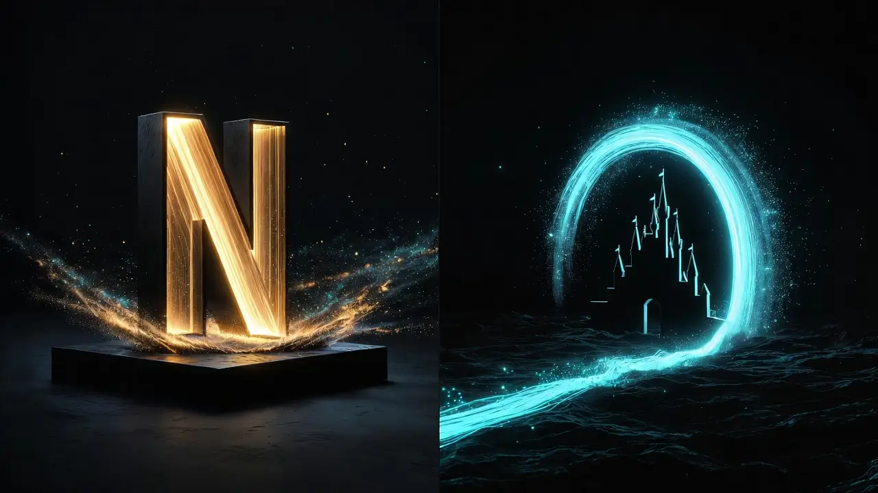 A glowing golden letter "N" on the left, alongside a shimmering blue outline of a castle on the right against a dark background.