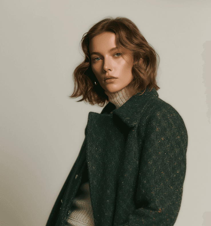  A model showcases a stylish green coat paired with a cozy turtle neck sweater.