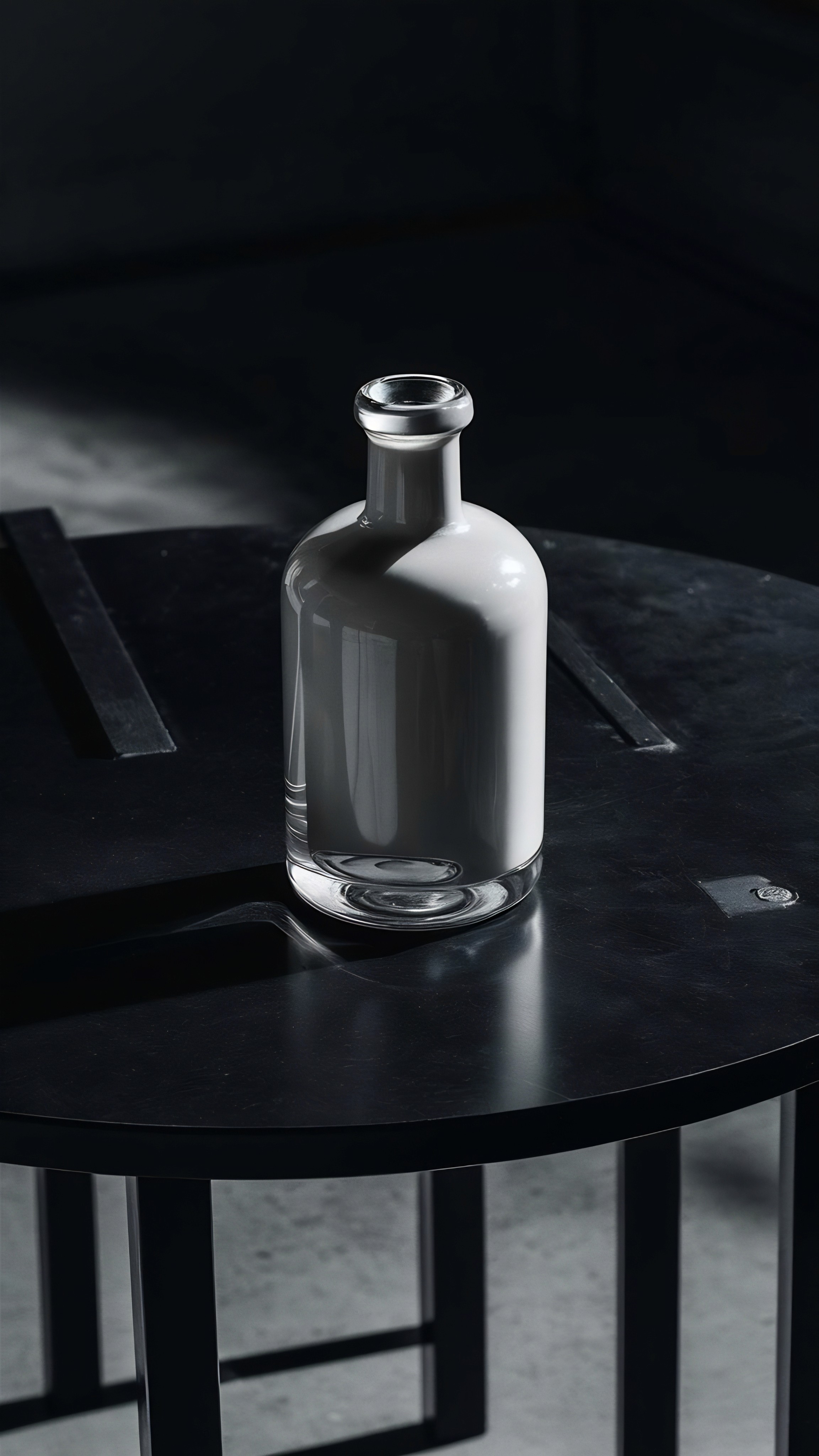 Glass bottle on a black, circular table in a dark, moody setting.