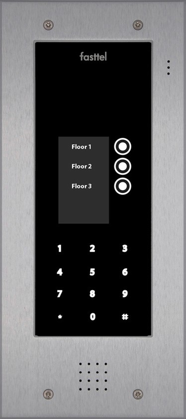 Black smart home device with screen showing time and temp