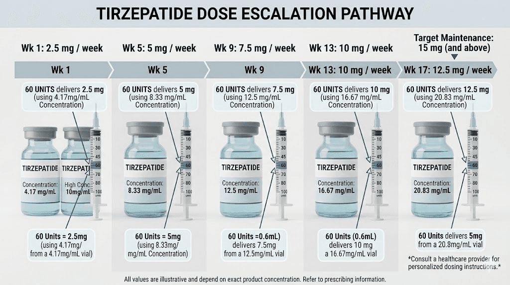 Tirzepatide dose escalation schedule showing where 60 units falls at each concentration
