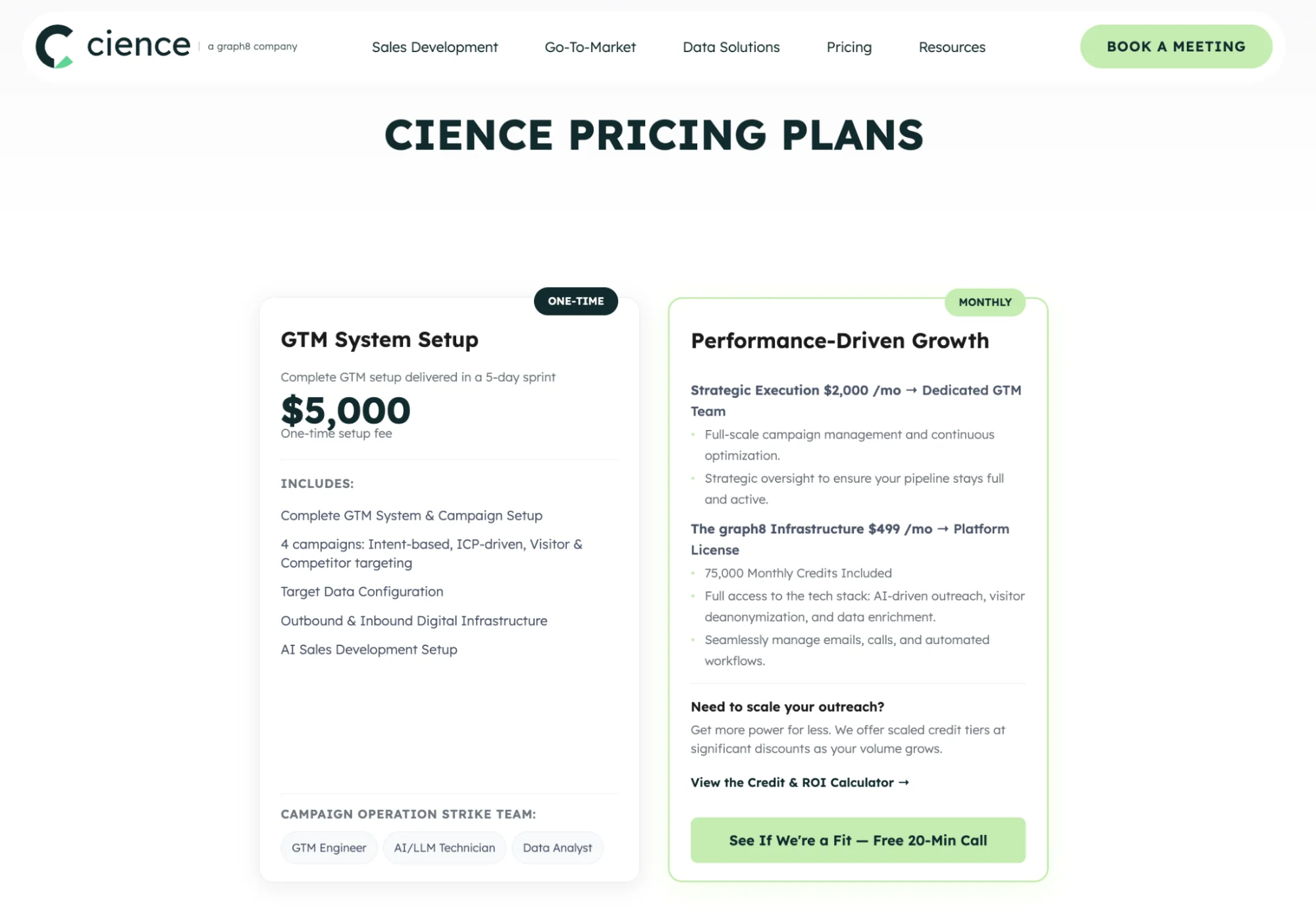 CIENCE pricing page: GTM setup and managed SDR plans