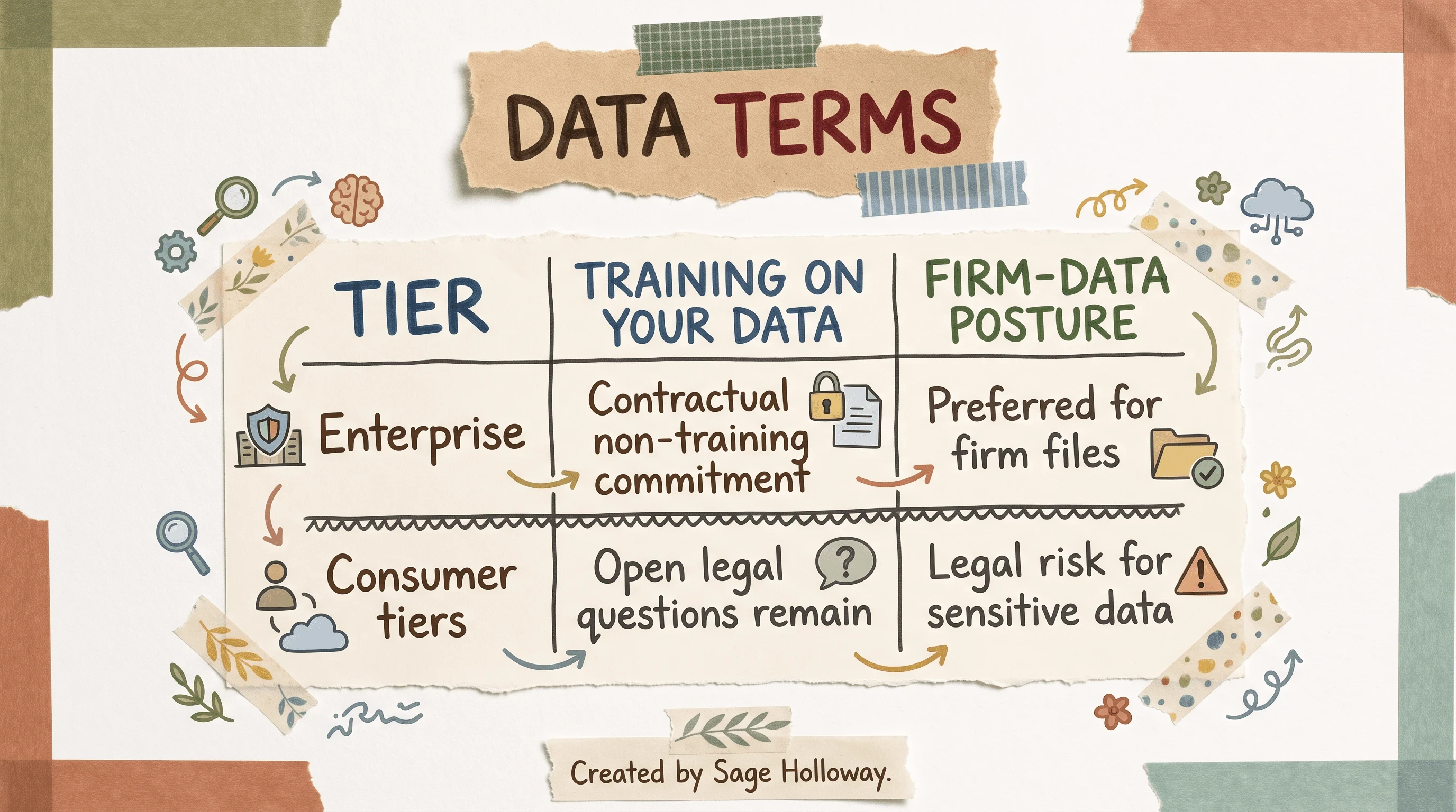 Table comparing Claude Enterprise non-training terms versus consumer-tier risk for firm financial data
