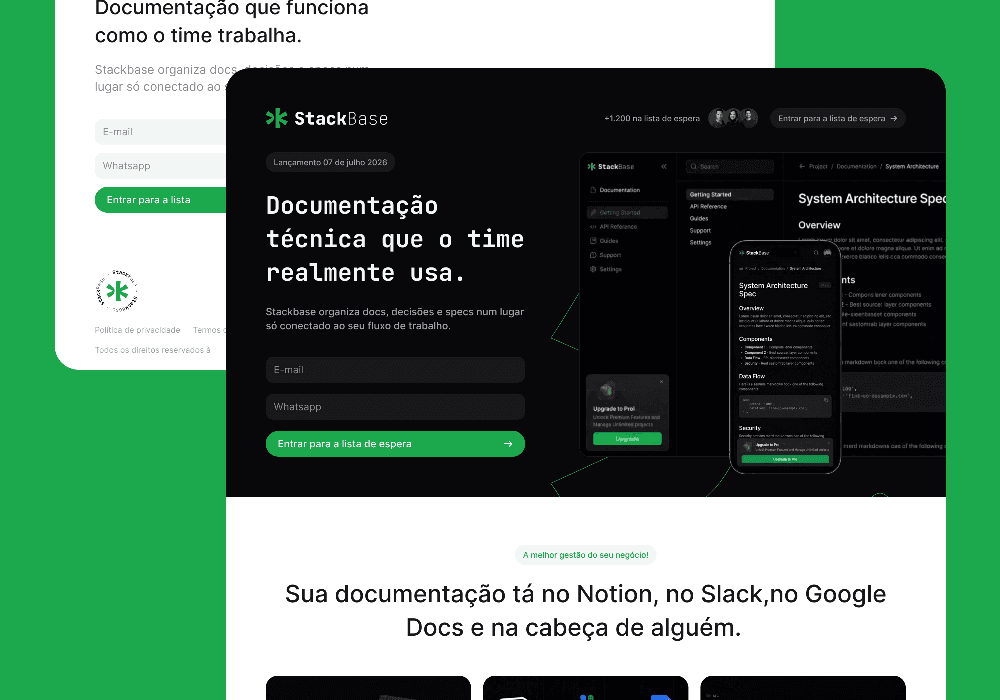 Site da StackBase, plataforma de documentação técnica para equipes - projeto do Studio Responsivo