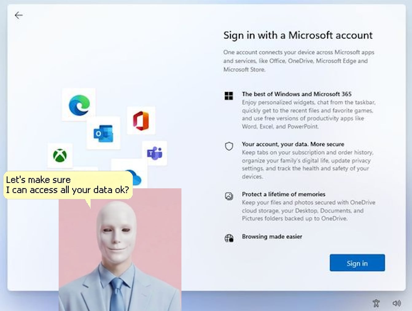 Windows 11 sign in with a Microsoft account screen, edited with a faceless figure saying Lets make sure I can access all your data ok